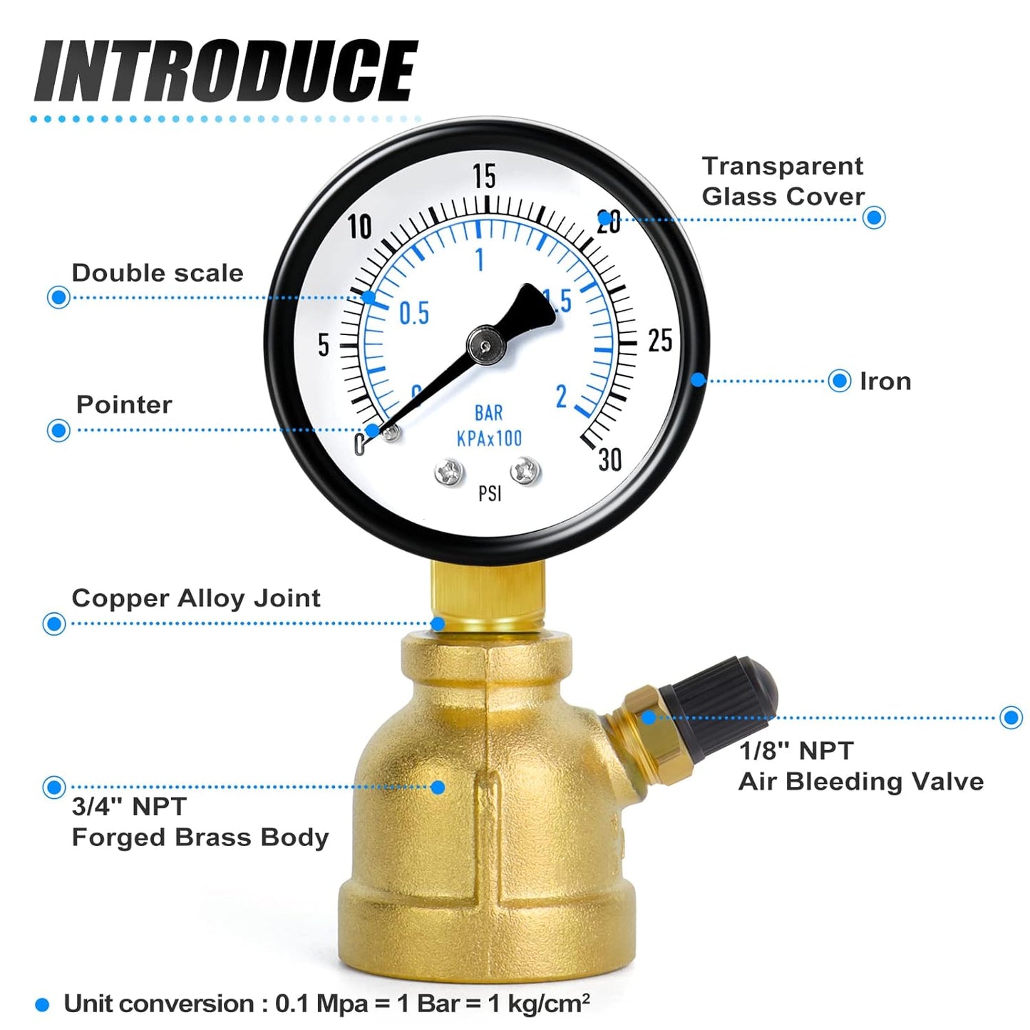 MEANLIN MEASURE 0-30Psi Forged Brass Air Test Pressure gauges, 3/4" FNPT Connection, 2" Double Graduated, Bell Shape Body Assembly, -3-2-3% Accuracy