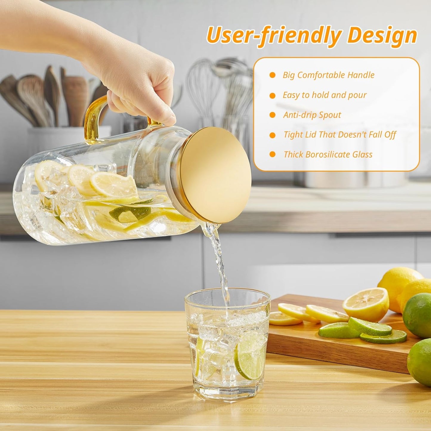 2 Liter 68 oz Glass Pitcher with Lid and Spout, Gold Glass Water Pitcher for Fridge, Glass Carafe for Hot/Cold Water, Large Jug for Iced Tea, Coffee, Juice and Homemade Beverage