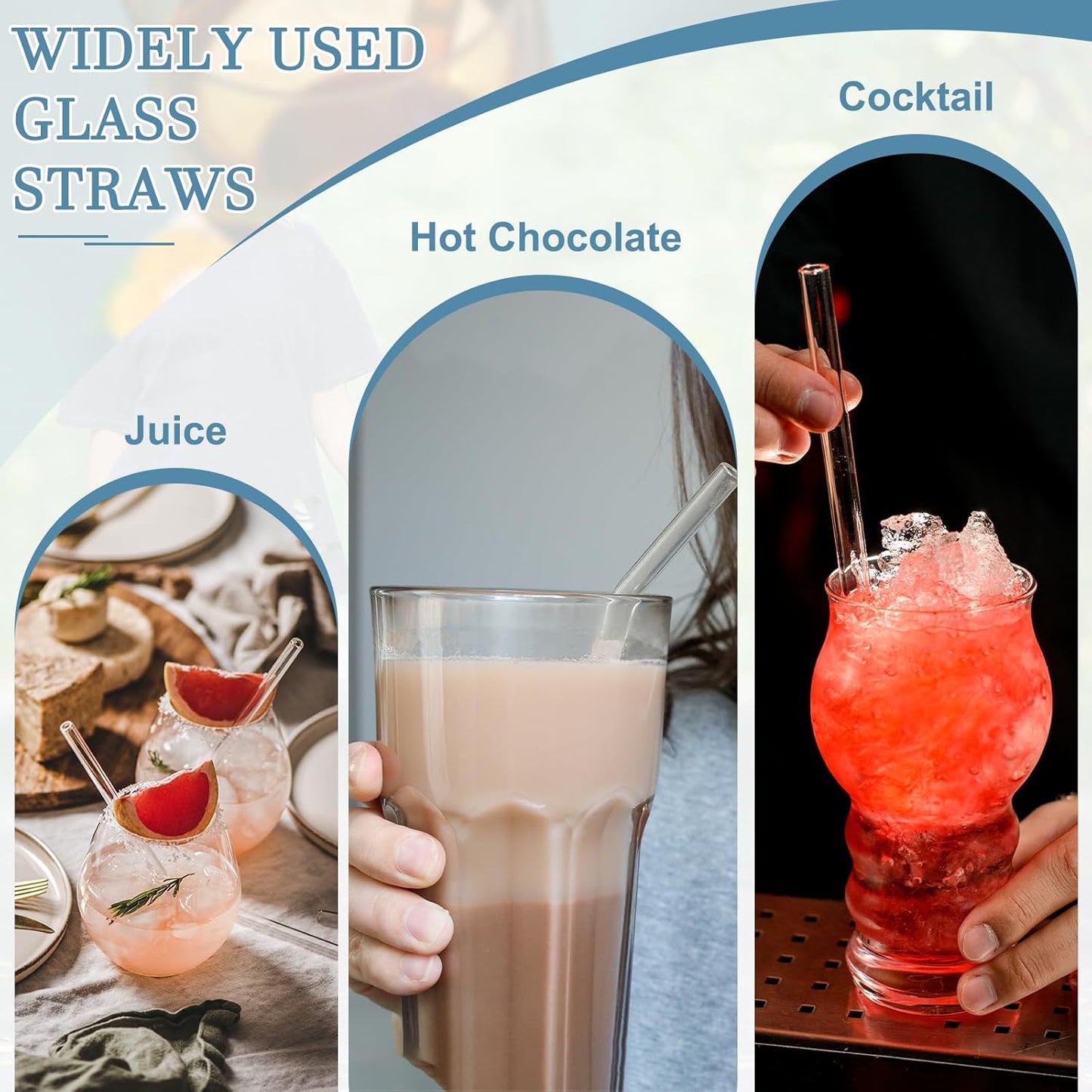 uxcell 4 Pcs Reusable Glass Drinking Straws, 7.87'' x 8 mm Reusable Straws Set with 4 Wave 1 Brush for Milkshakes Juice Coffee Milk Tea Cocktails, Midnight Cream Tone