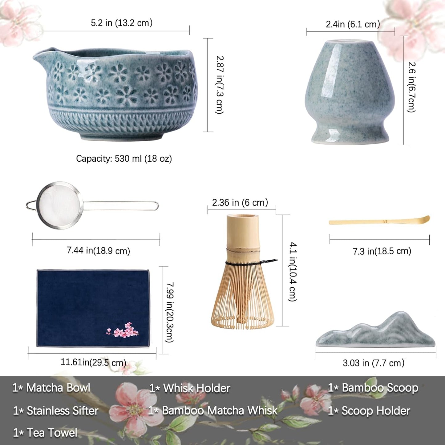 Matcha Whisk Set, Ceramic Matcha Set Includes Matcha Bowl, Matcha Whisk and Holder, Bamboo Scoop, Scoop Rest, Sifter and Tea Towel - 7 Pcs Matcha Kit for Matcha Lovers (Blue)