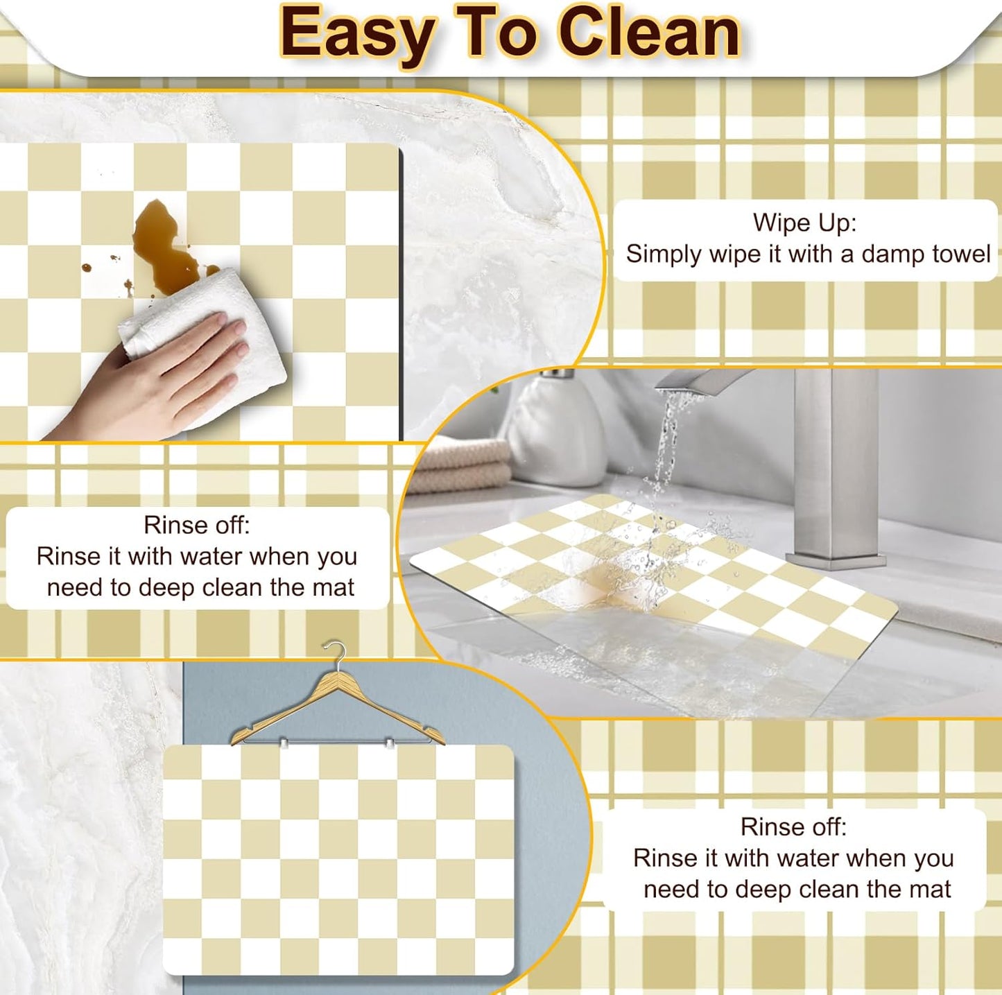Checkered Dish Drying Mat for Kitchen, 15.7'' x 23.6'' Coffee Bar Mat for Countertops, Coffee Station Mats with Non-slip Rubber Backed, Absorbent Dish Dying Mat for Kitchen Counter, Beige & White