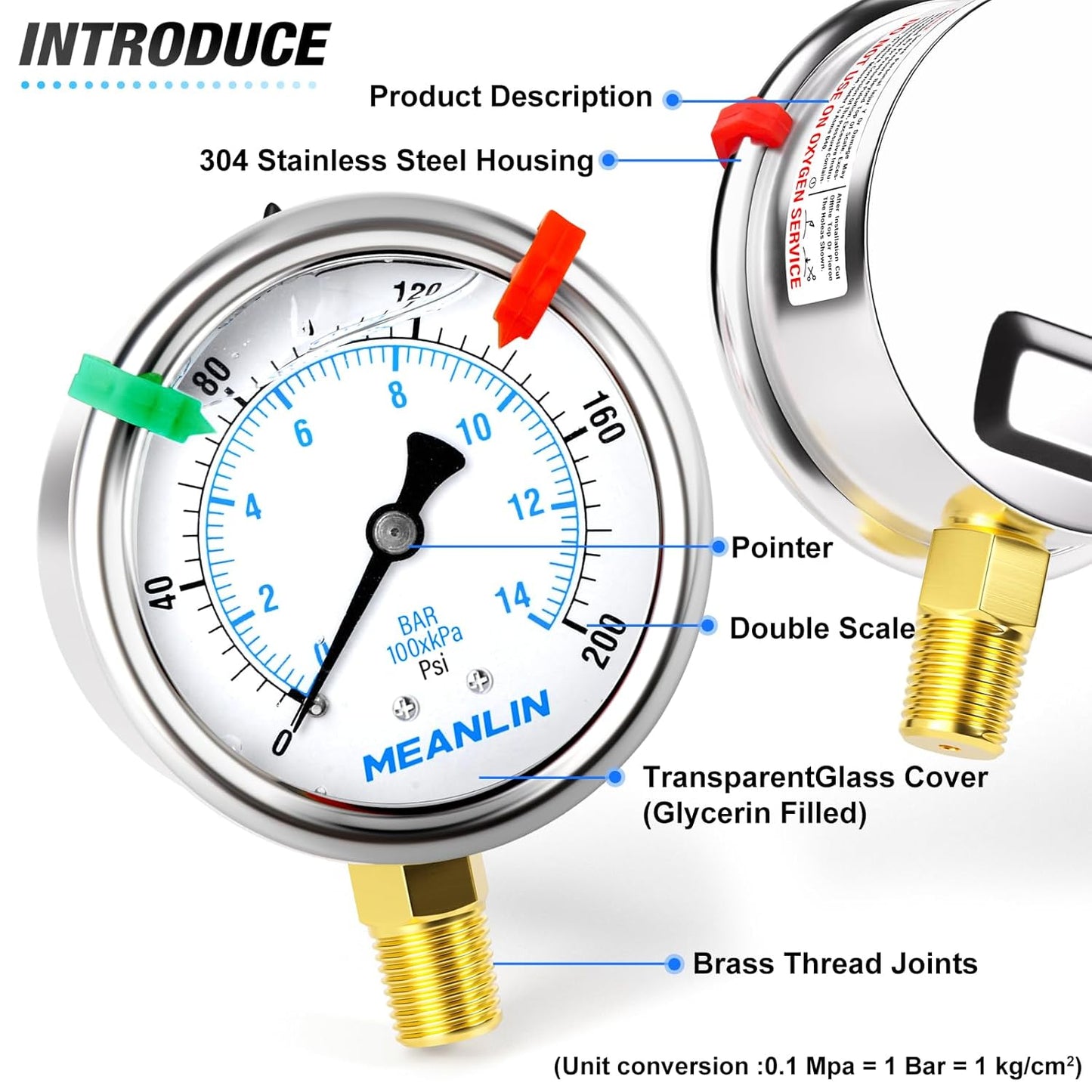 MEANLIN MEASURE 0~200Psi Liquid Filled Pressure Gauge 1/4" NPT 2.5" FACE DIAL Stainless Steel Glycerin Filled WOG Water Oil Air Lower Mount (with 2PCS Snaps)