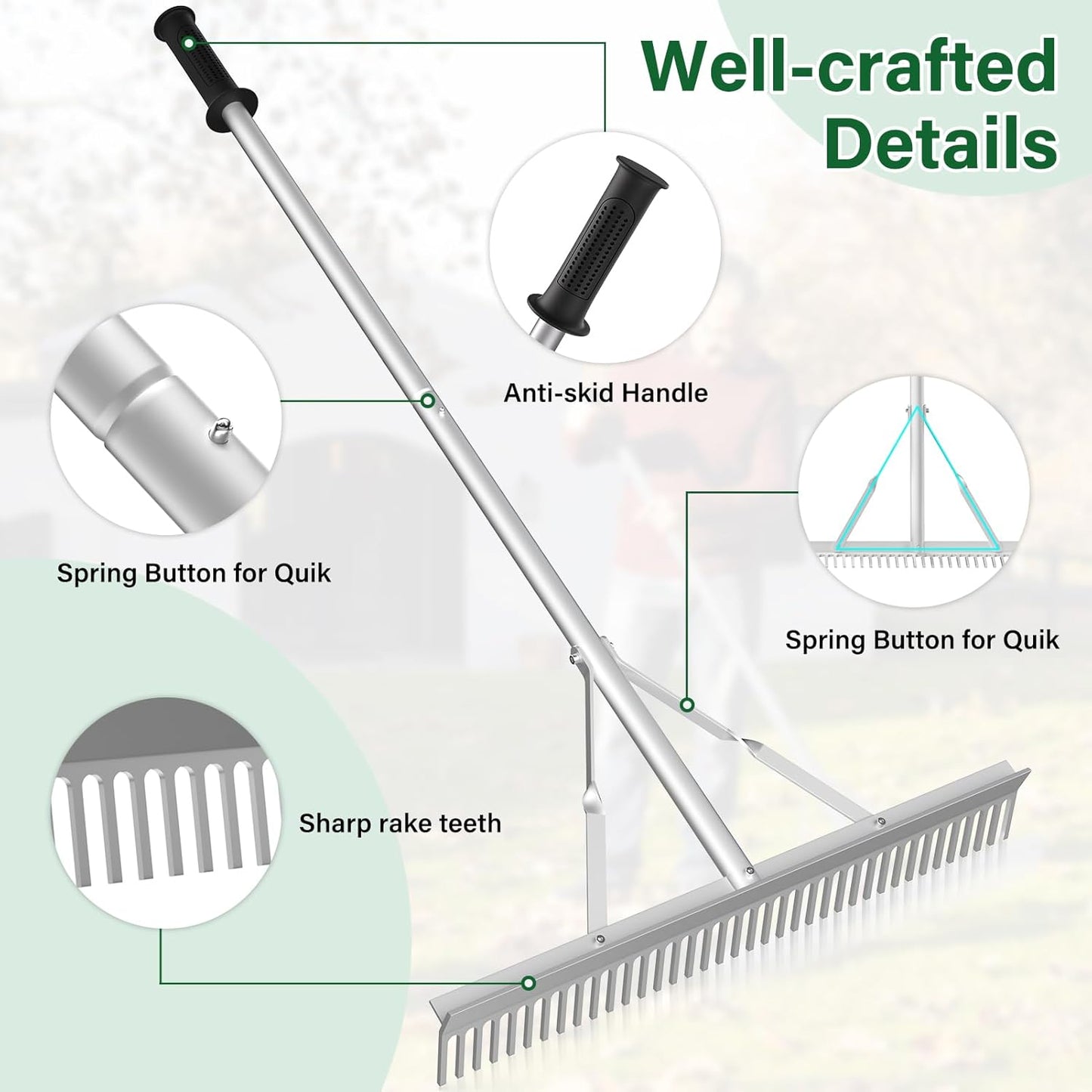 Aluminum Landscape Rake,36" Landscape Rake,Leaf Rake with 67 Inch Handle,Aluminum Yard Rake Tool for Loosening Soil,Lawn Care,Weeding Lake,Garden,Pond,Beach Landscaping(36" Head X 67" Handle)