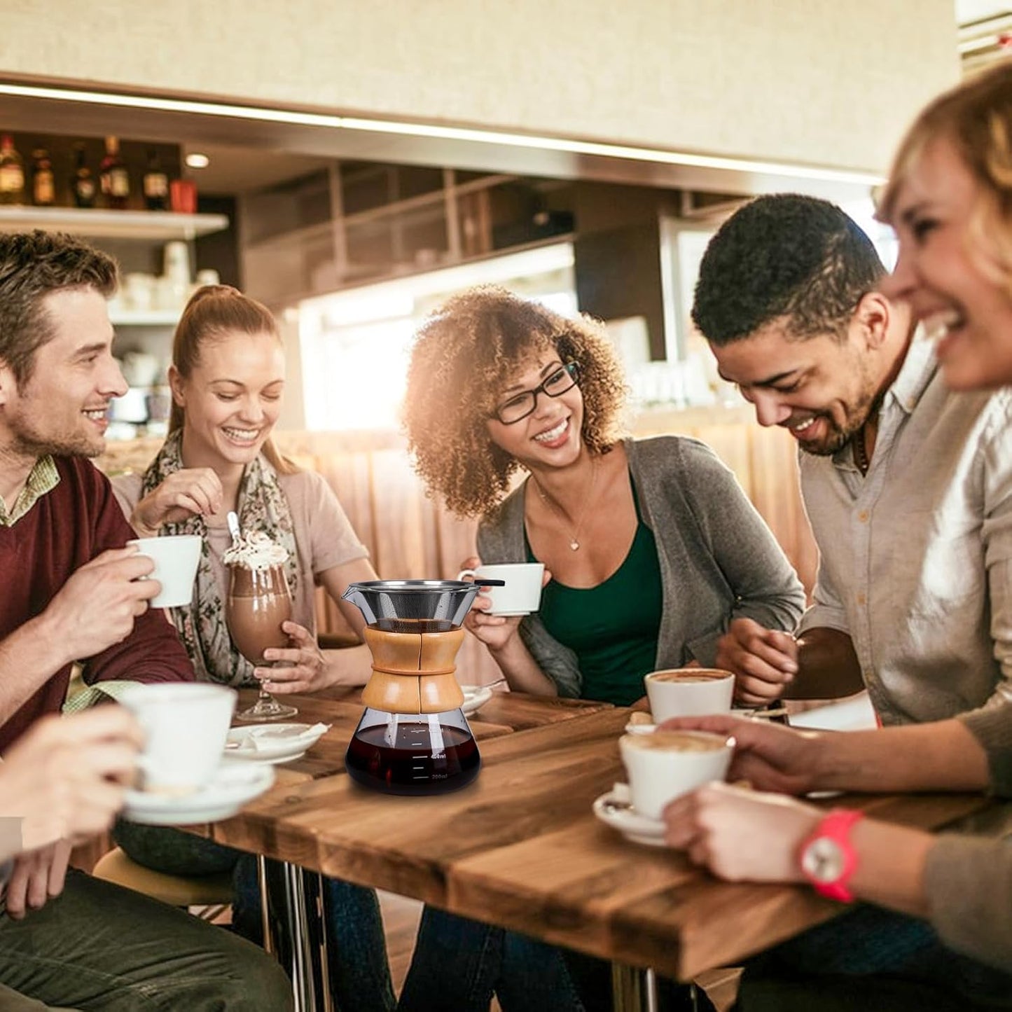 Pour Over Coffee Maker with Reusable Stainless Steel Drip Filter, Lead-Free Borosilicate Glass Coffee Carafe with Modern Wooden Collar for 1-4Cup, Circular Clear (600ml/20oz)