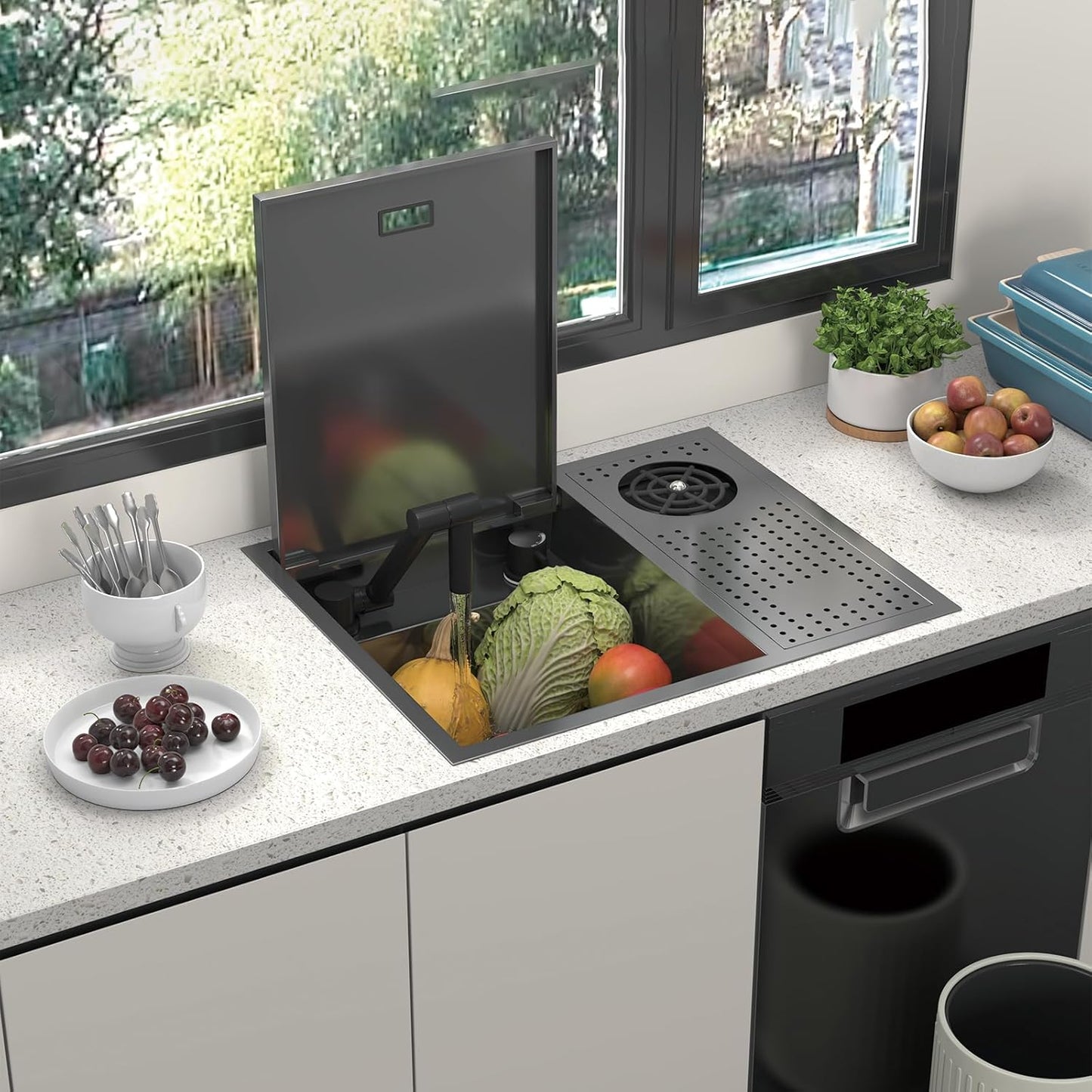 Bar Sink 21.6 x 17.7 Inch Topmount Smart Kitchen Sinks Stainless Steel Western Kitchen Sink Center Island Single Bowl Workstation with Press Cup Washer