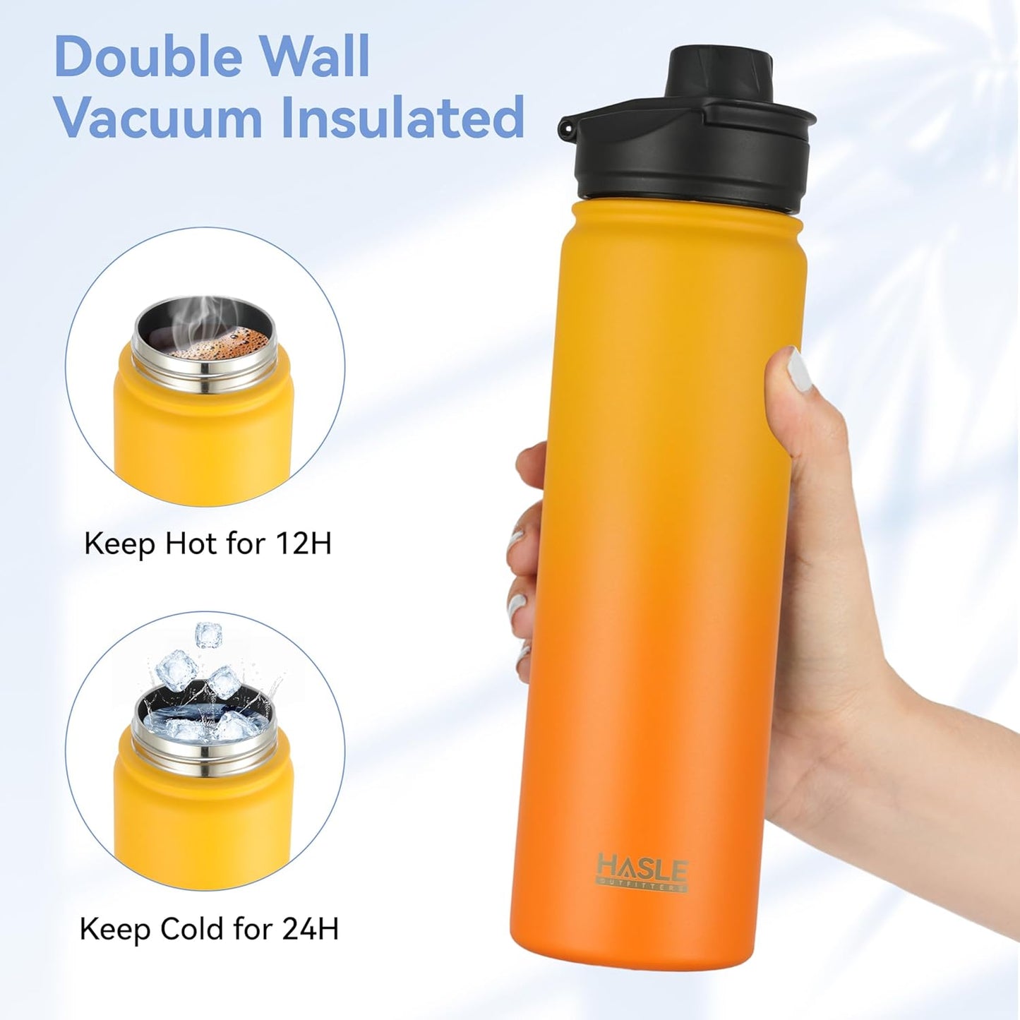 HASLE OUTFITTERS Insulated Water Bottle 22 oz Double Wall Stainless Steel Water Bottle Wide Mouth with Straw Lid & Spout Lid Keeps Cold or Hot(Yellow Orange Gradient,1)
