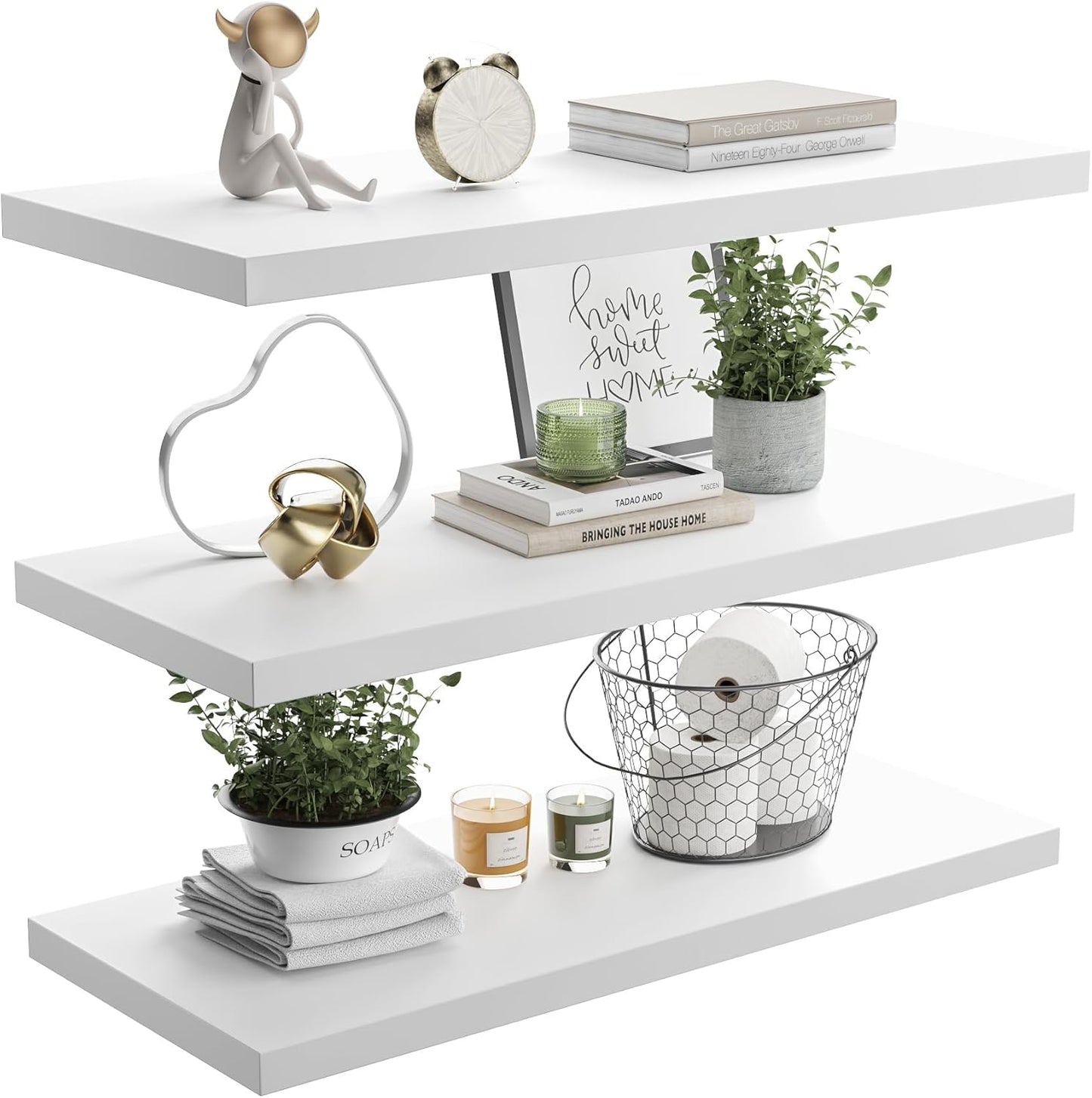 Wall Shelf Set of 3, White Floating Shelves 24 in W x 10 in D x 1 in H, Wooden Floating Wall Shelf with Invisible Brackets for Living Room/Bedroom/Bathroom/Kitchen Storage and Decor