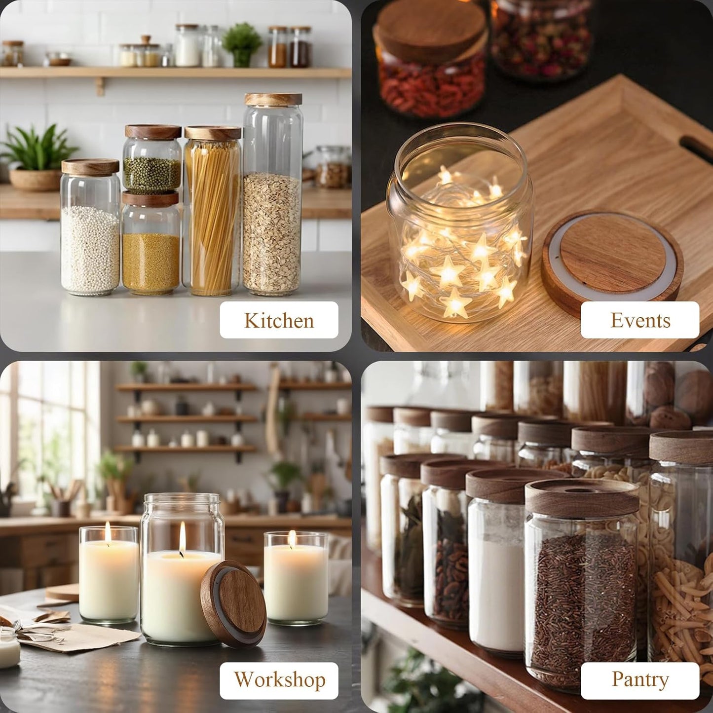 Glass Jars with Airtight Wood Lids - 12 oz Small Kitchen and Pantry Storage Containers, Canisters for Chia Seed, Ground Coffee, Sugar, Spice, Salt, Salad, Matcha, Set of 2