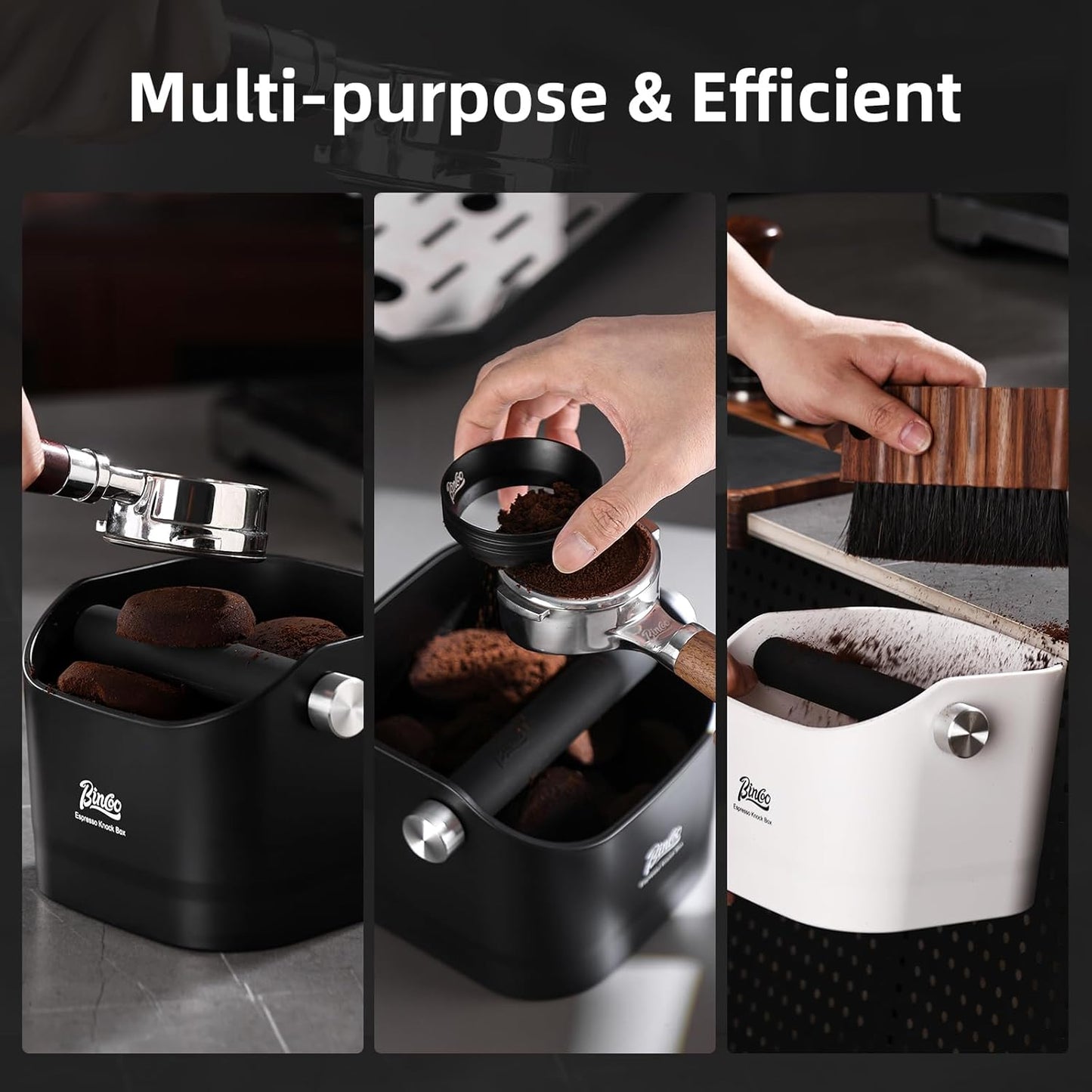 Espresso Knock Box - Bincoo Black Espresso Machine Knock Box/Espresso Grounds Knock Box, Barista Style Coffee Knock Box for Grounds with Removable Shock-Absorbent Knock Bar and Anti-Slip Base. (Black)