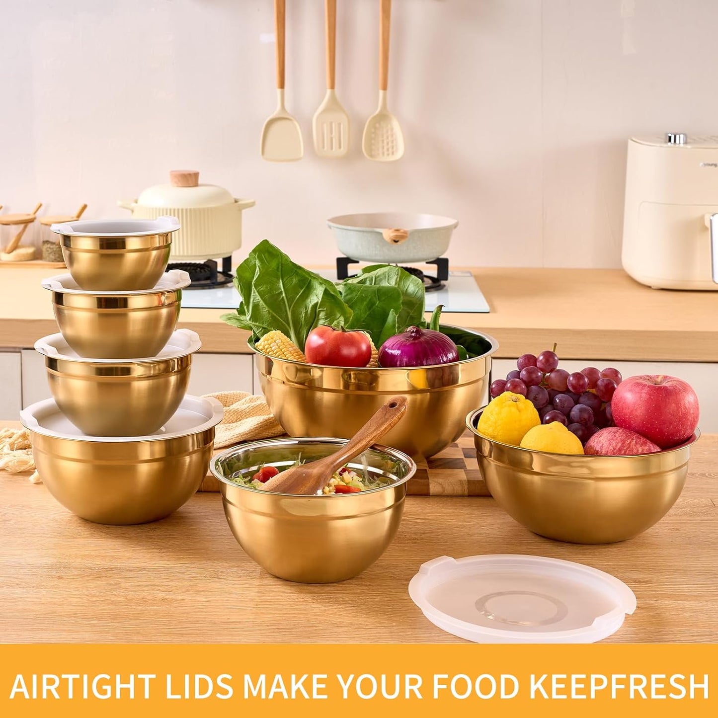 Gold Mixing Bowls With Airtight Lids,Stainless Steel Bowl,Salad Bowls 7 Piece Colorful Nesting Bowl Gold Kitchen Accessories,Size 7,3.6,2.7,2.1,1.5,1.1,0.8QT Stackable Design