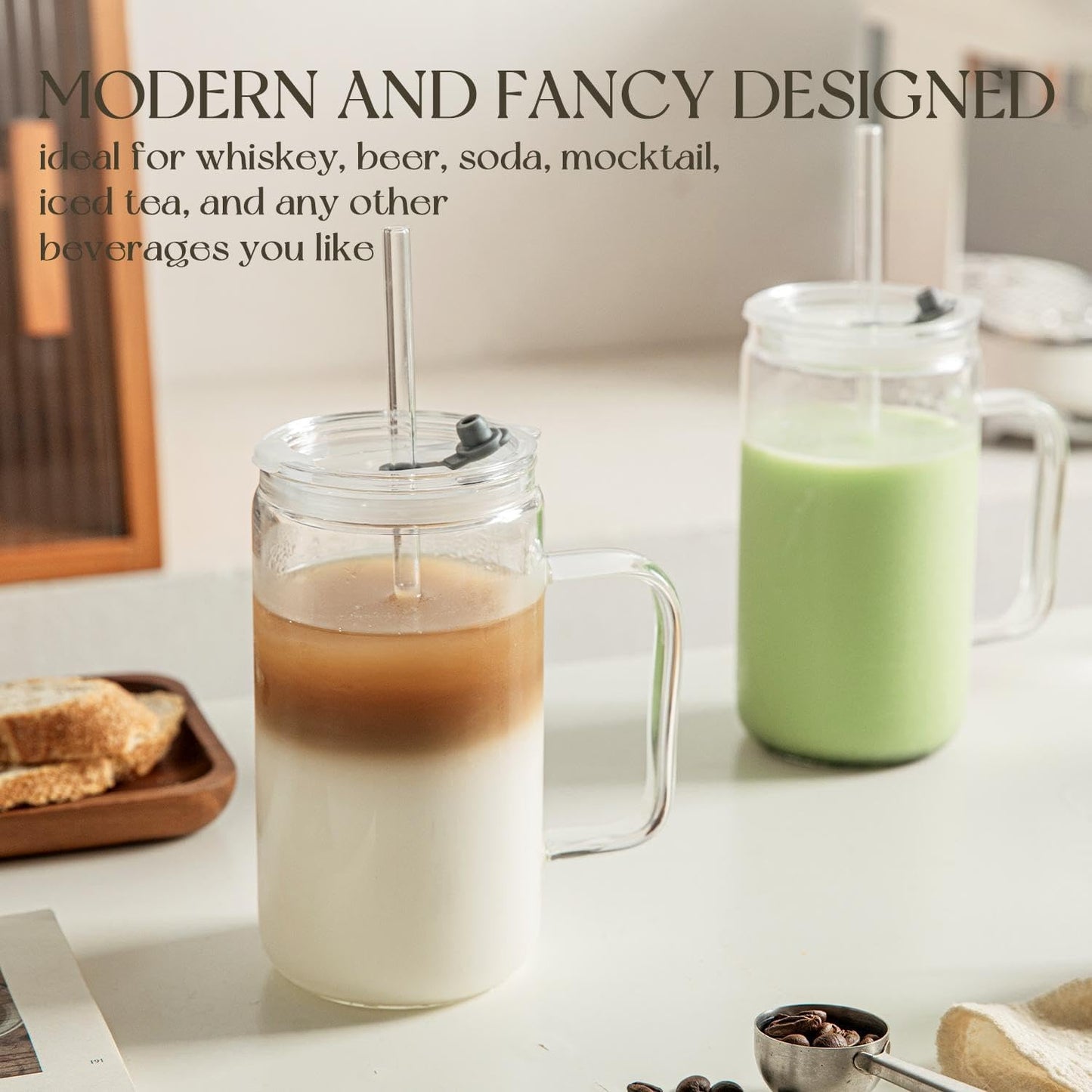 24oz Glass Tumbler with Lid and Straw - Leak Proof Travel Cup with Handle, Reusable Drinking Glass for Iced Coffee, Smoothies & Tea, Dishwasher Safe Spill-Proof Water Bottle for Home, Office, Gym