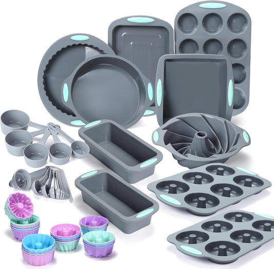 Tongjude 51 Piece Silicone Bakeware Set, Non-Stick Kitchen Oven Baking Pans, Silicone Cake Molds with Muffin Pan, Cookies Baking Sheet, Cake Pan, Donut Pan and Loaf Pan