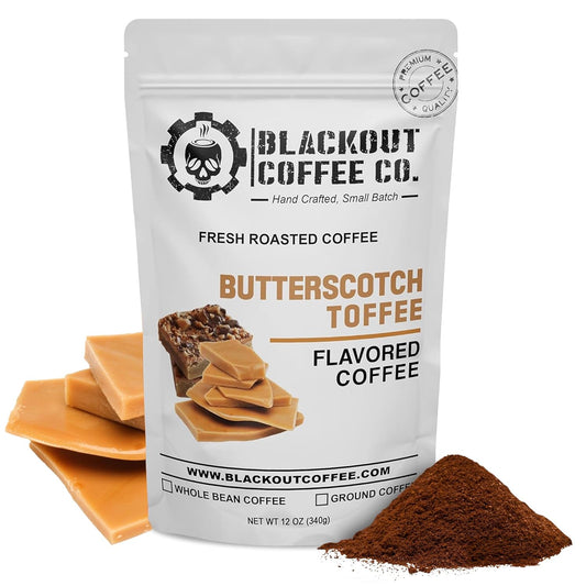 Blackout Coffee Butterscotch Toffee Flavored Medium Roast - Freshly Roasted in the USA - 12 oz Ground Coffee Pouch