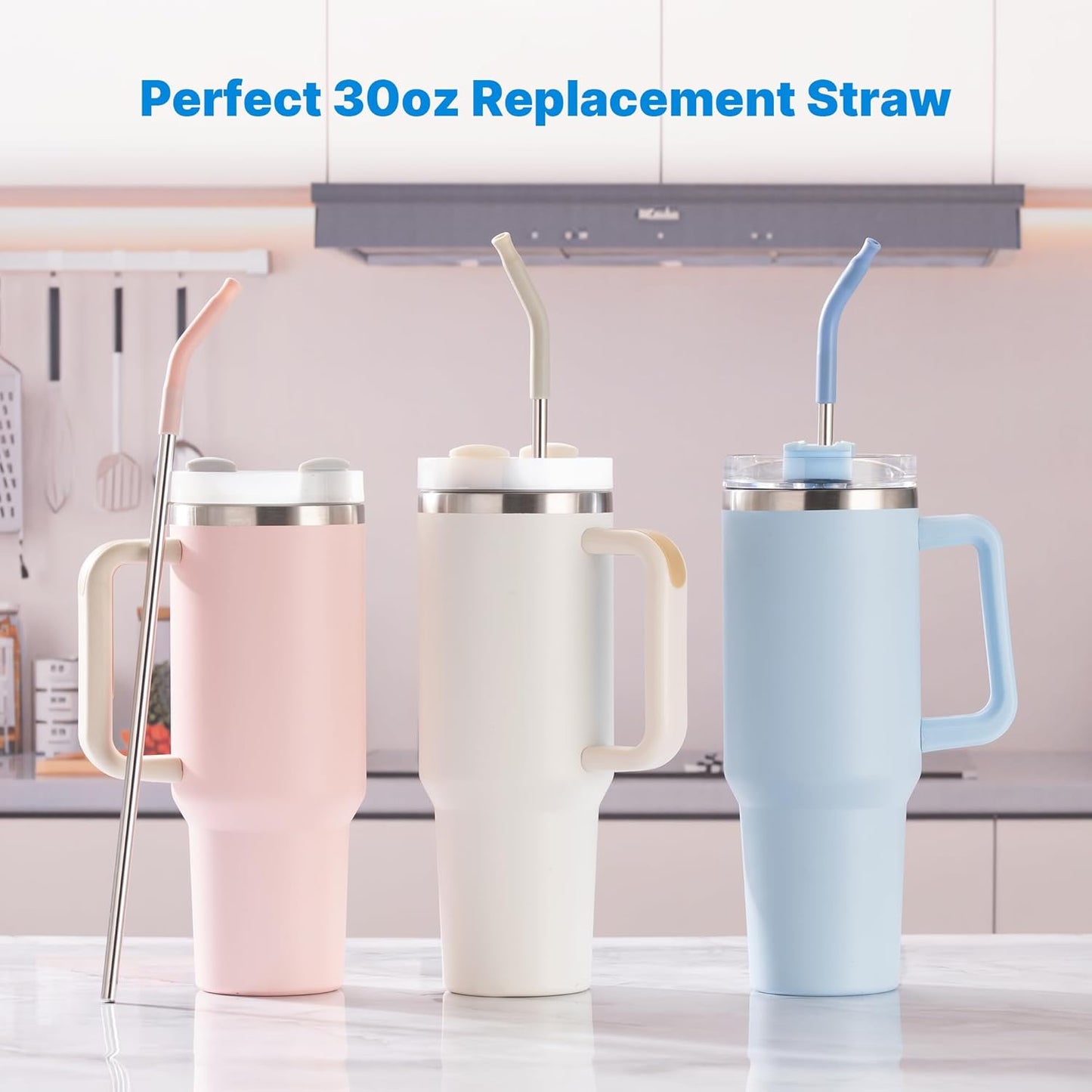 Metal Straw with Silicone Tip for 30oz Stanley Cup, 2 Pcs Stainless Steel Straws Replacement for Stanley 30 oz Adventure Quencher Travel Tumbler Cup, 1 Straw Brush (Light Gray)