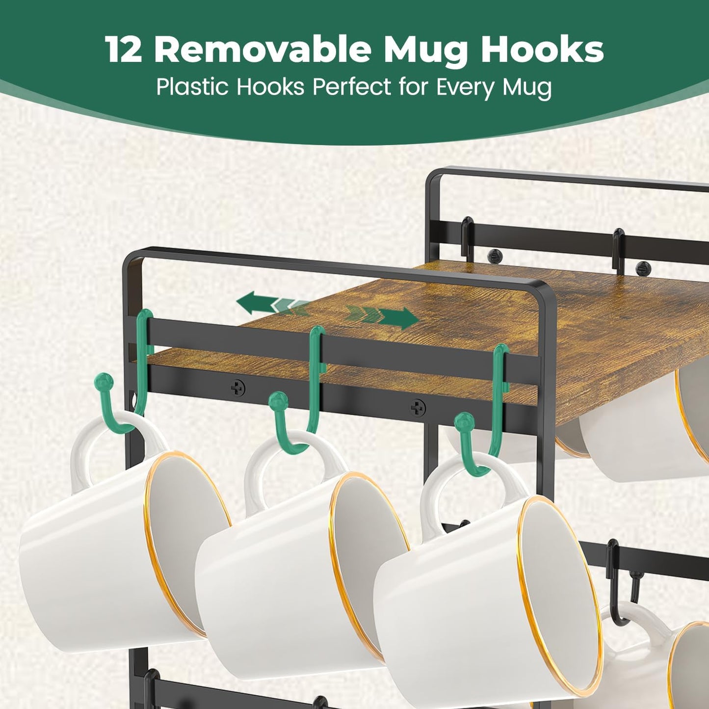 EsLuker.ly 2 Tier Coffee Mug Holder Station Bar Organize Countertop, Mug Cup Tree Rack for Kitchen Office, Storage Shelf with 12 Removable Hooks, Creat Stylish Coffee Corner