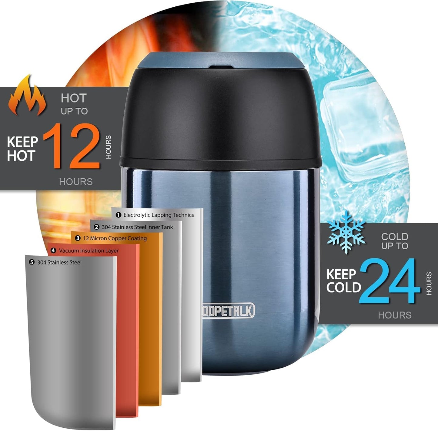 17 oz Insulated Lunch Containers, Blue, Vacuum Stainless Steel Thermo Lunch Box with Handle and Folding Spoon for School, Office, Travel