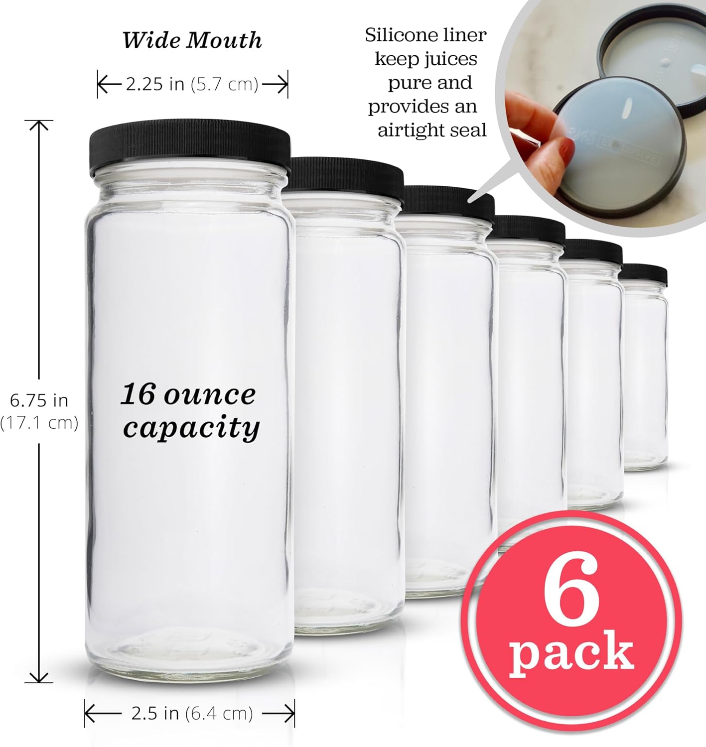 All About Juicing Clear Glass Water Bottles Set - 6 Pack Wide Mouth with Lids for Juice, Smoothies, Beverage Storage - 16 oz, Durable, Reusable, Dishwasher Safe, Leak Proof (Black Caps)