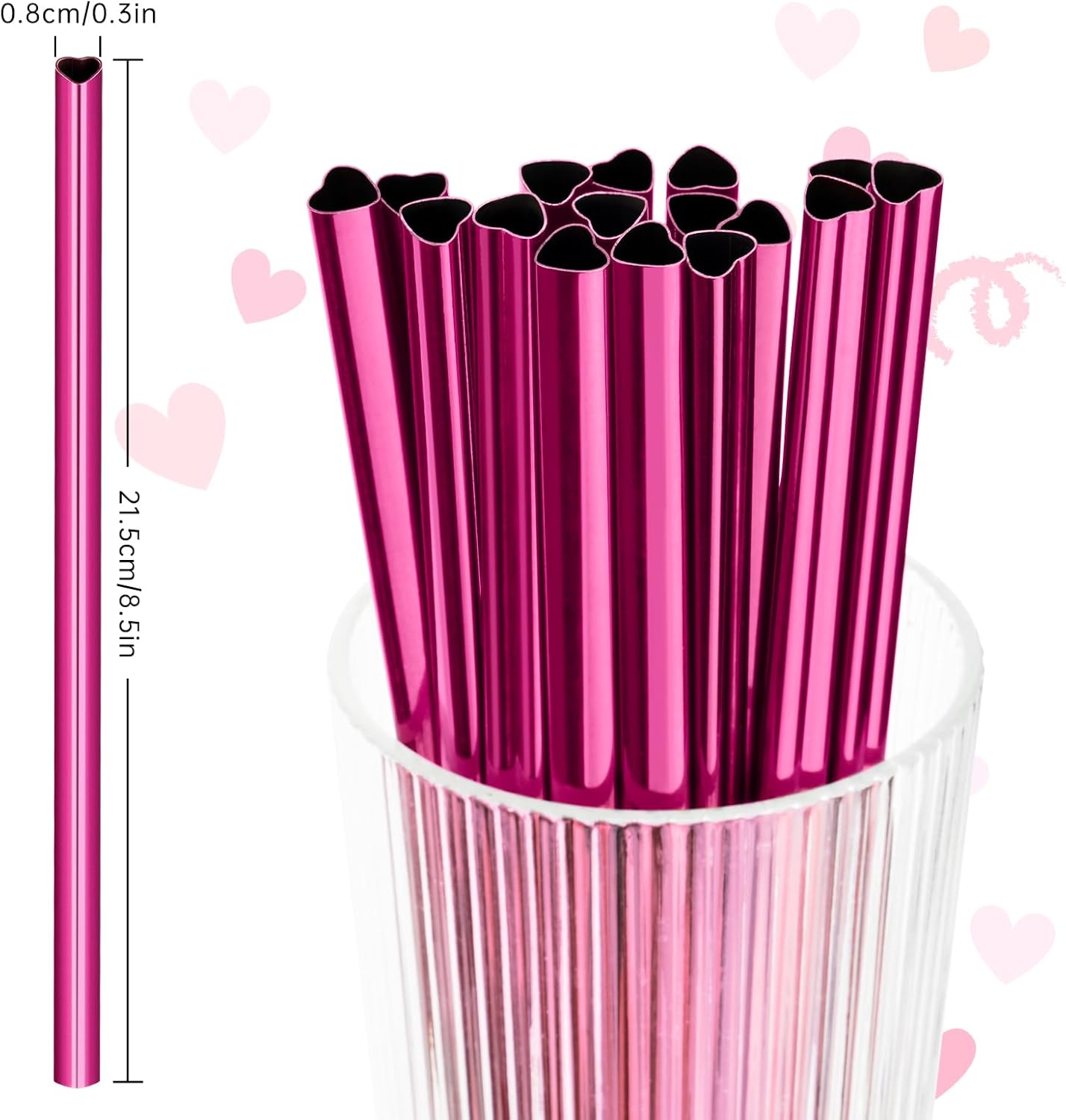 NiHome 16-Pack Heart-Shaped Stainless Steel Drinking Straws with 2 Cleaning Brushes, 8.5" Long Reusable Straws for Stanley Tumbler 14oz, Dishwasher Safe, Safe Edges for Kids (Pearl Hot Pink)
