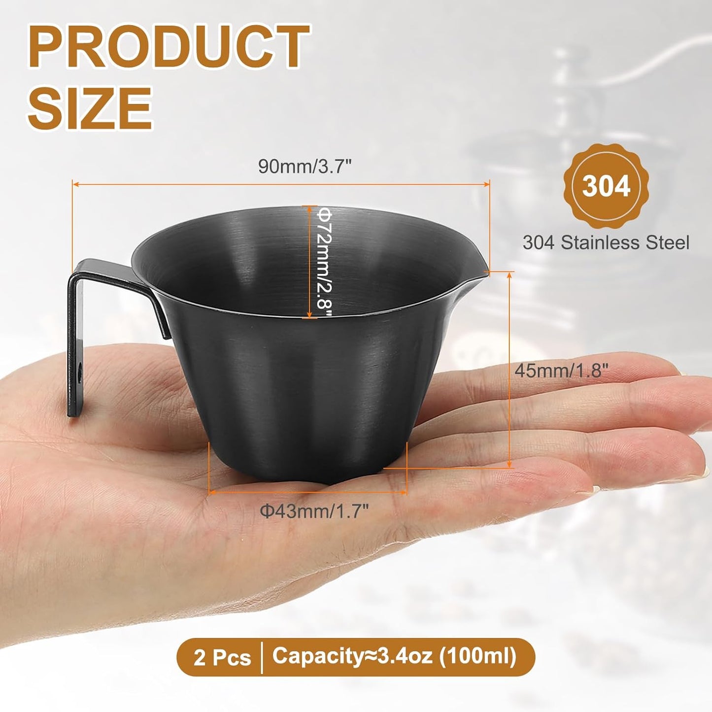 uxcell 2 Pcs Stainless Steel Espresso Cup with Handle, V-Shaped Mouth Espresso Measuring Cup with Scale for Preparing Coffee, Cocktails, 3.4OZ/100ML (Black)