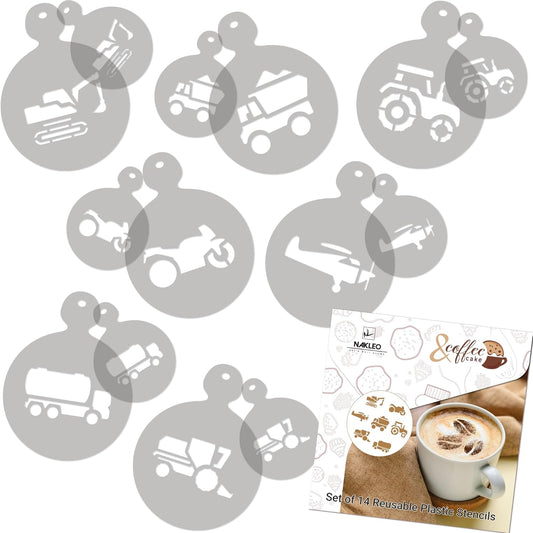 NAKLEO Coffee Stencils and Cookies Decoration 14Pcs 2.8”x2.8” and 4.3”x4.3”, Reusable Plastic Baking Templates, Transport Tractor Truck, Barista DIY Art Craft, Capuccino Latte Chocolate Cake Biscuit