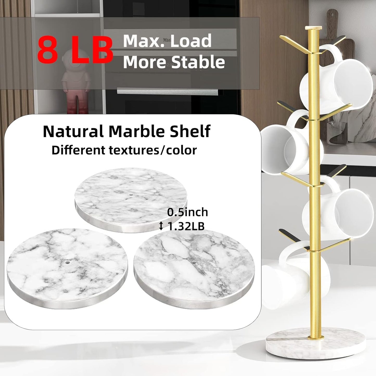 Gold Mug Holder Tree with Marble Base, 8 Hooks Coffee Cups Holder Stand, New Upgrad Stable Removable Mug Rack for Kitchen Cafe