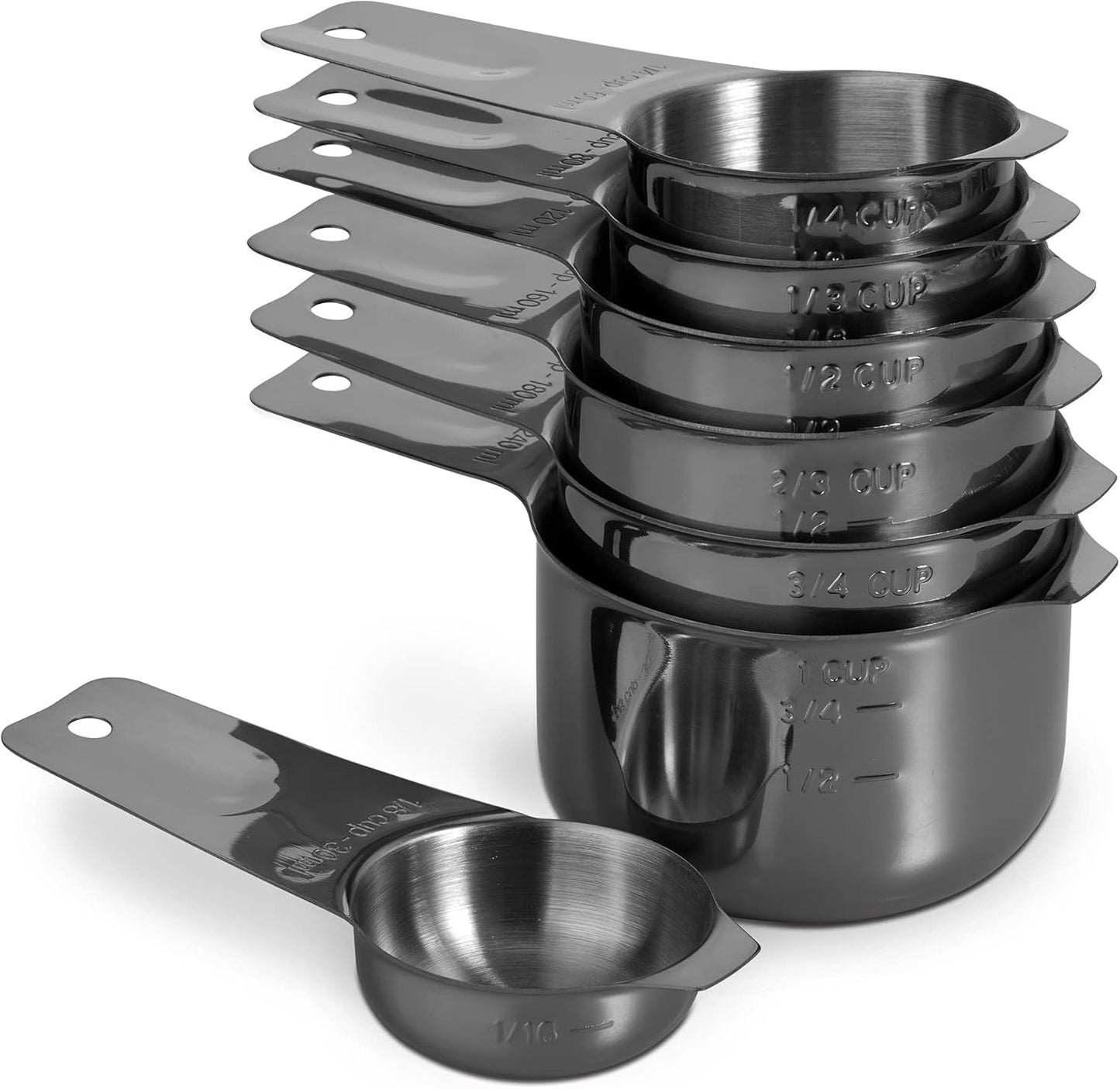 Set of 7 Heavy Duty Measuring Cups, 18/8 Stainless Steel with Ring Connector, Dark Grey