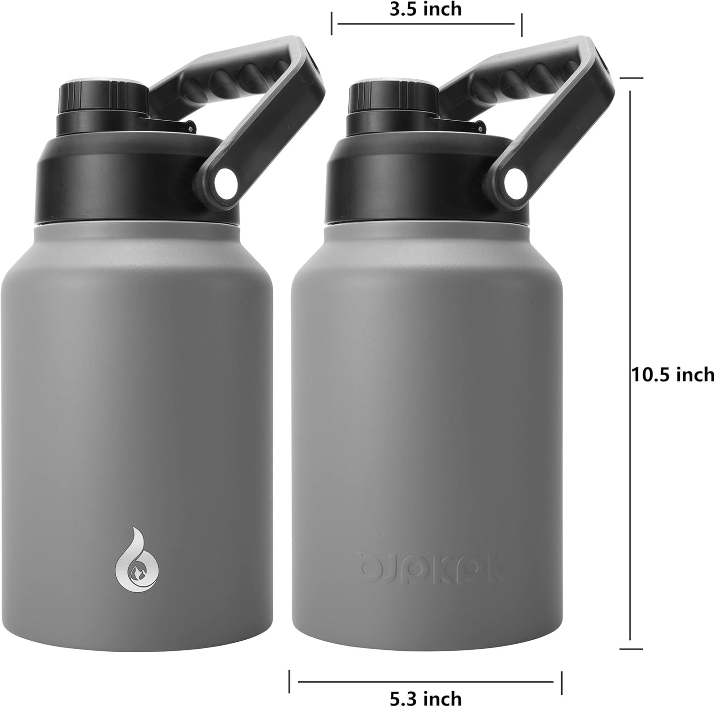 BJPKPK 64 oz Insulated Water Bottle, Dishwasher Safe Half Gallon Water Bottle with Ergonomic Handle, BPA Free Leak Proof Water Jug for Sports, Metal Thermos with Anti-slip Bottom, Grey