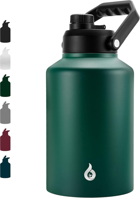 BJPKPK One Gallon(128 oz) Insulated Water Bottle, Dishwasher Safe Stainless Steel Thermos, BPA Free Jug with Ergonomic Handle & Anti-slip Bottom, Large Water Bottle, Army Green