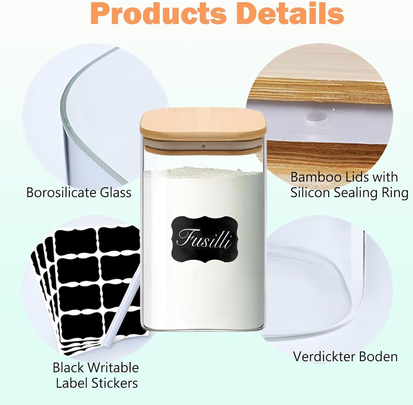 37oz Square Glass Storage Containers with Lids, glass jar with airtight lid, Glass Canister for Pantry Cookie Flour Cereal Rice Sugar Tea Coffee Beans Spice, Square Set of 4