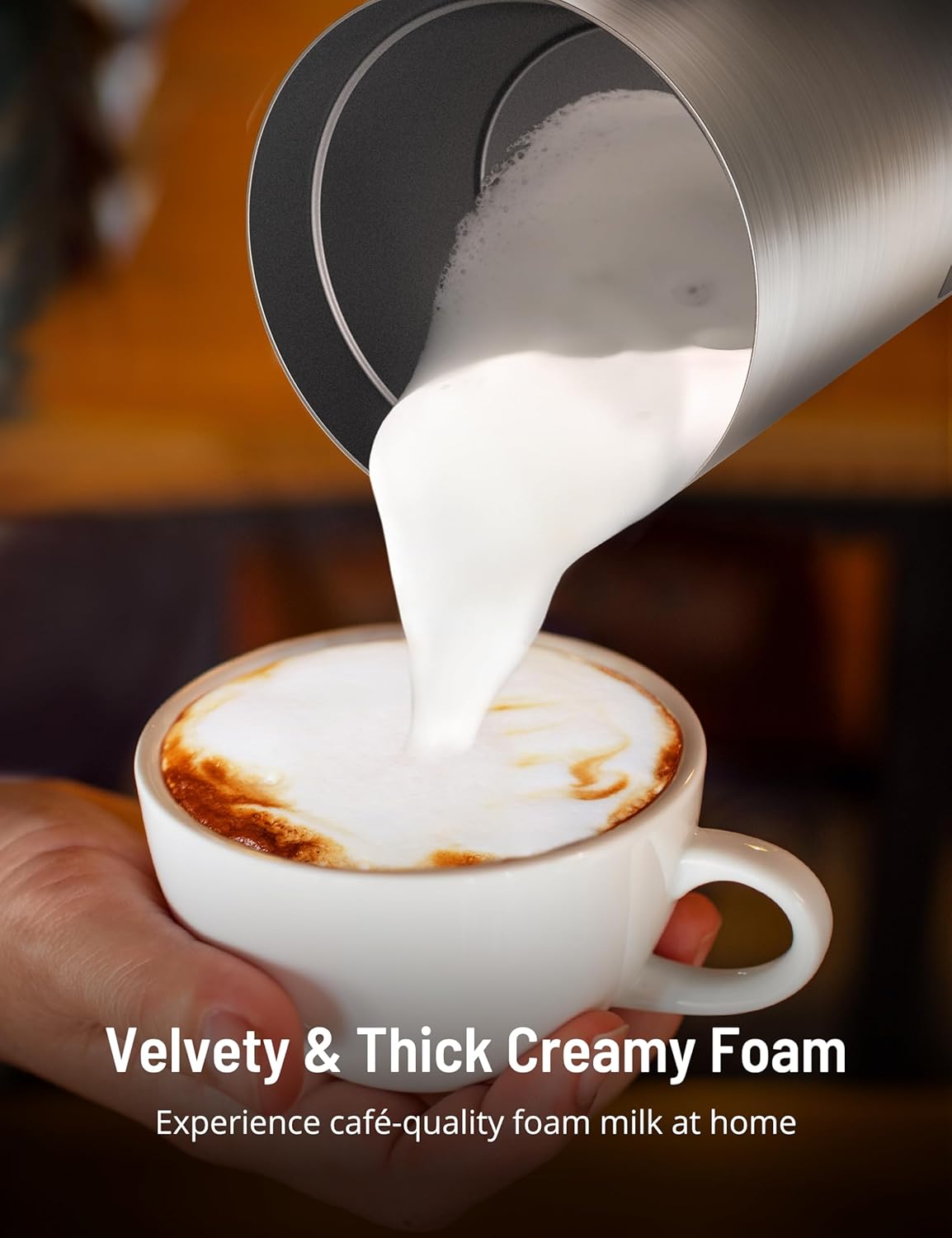 Milk Frother, Airyoyo 4-in-1 Milk Frother with Stand, Electric Milk Frother and Steamer Hot& Cold Foam Temperature Control, Auto Shut-Off Frother for Coffee Latte