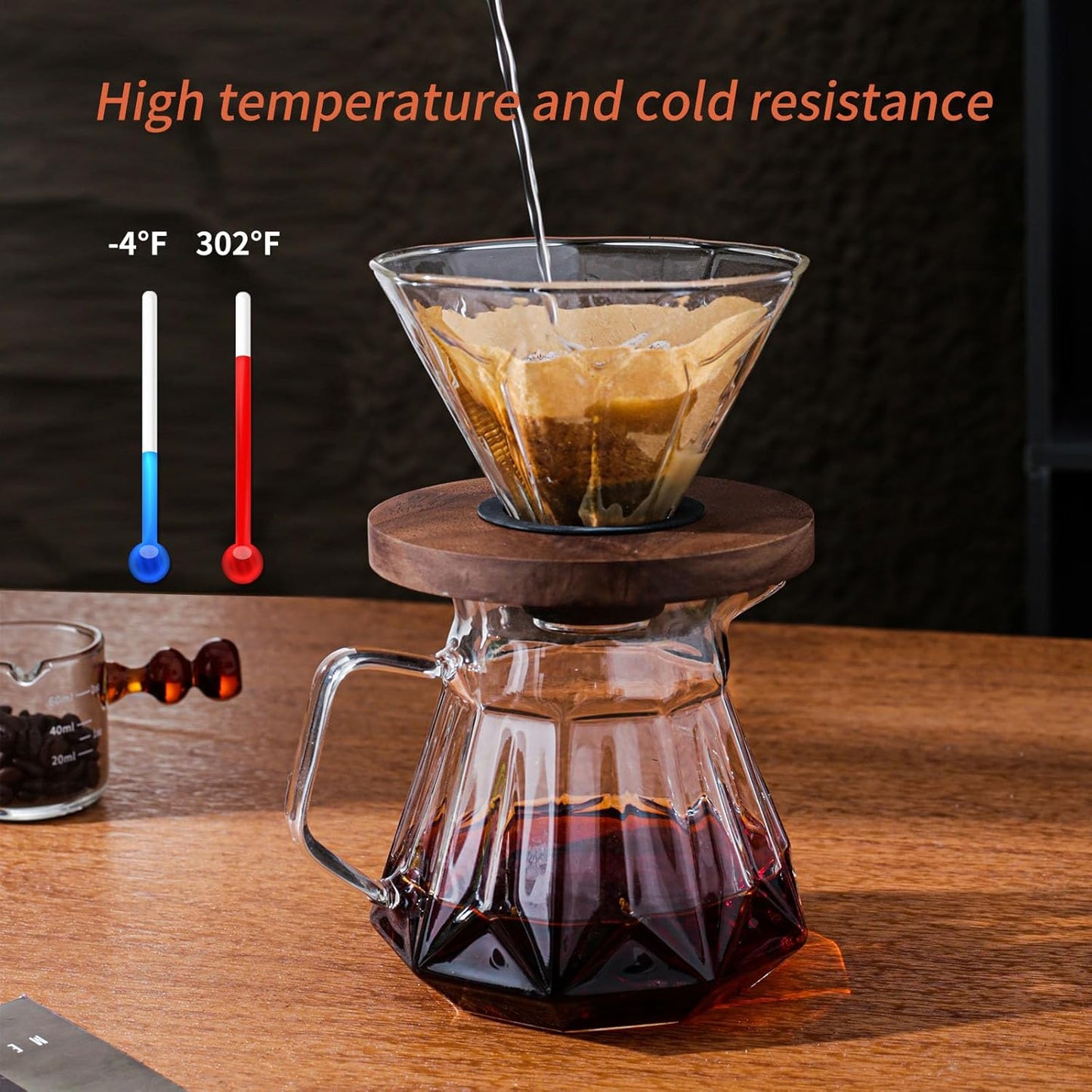 Pour Over Coffee Maker Set, 21 oz/620ml Glass Pour Over Coffee Dripper Filter Coffee Maker Kit Manual Grinder with Walnut Handle for Home Office Cafe Restaurant Camping (Clear)