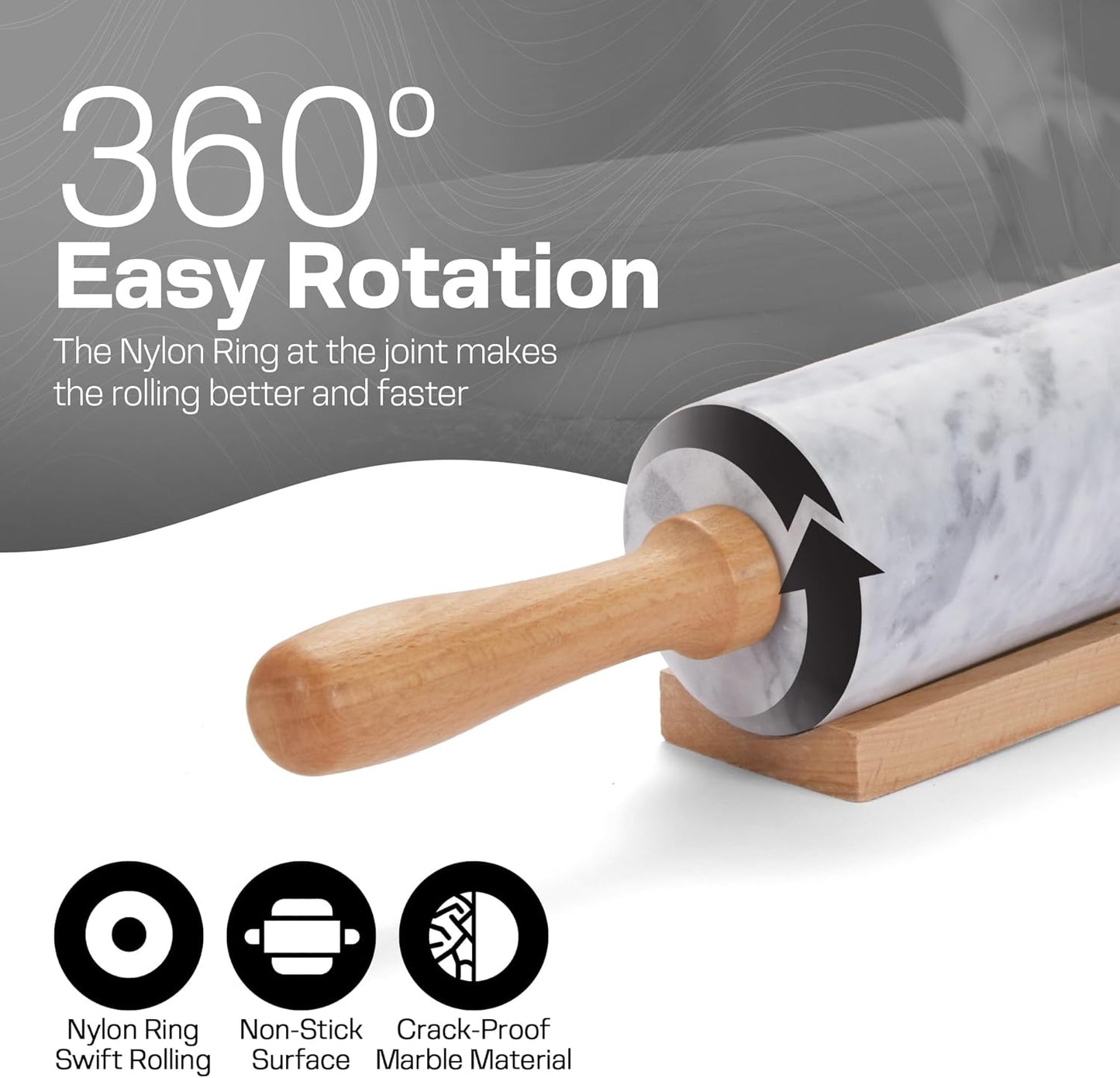 17 Inch Marble Rolling Pin with Wooden Handles & Wood Cradle, Dough Roller for Baking Pizza, Pies, Pastries, Pasta, Cookies