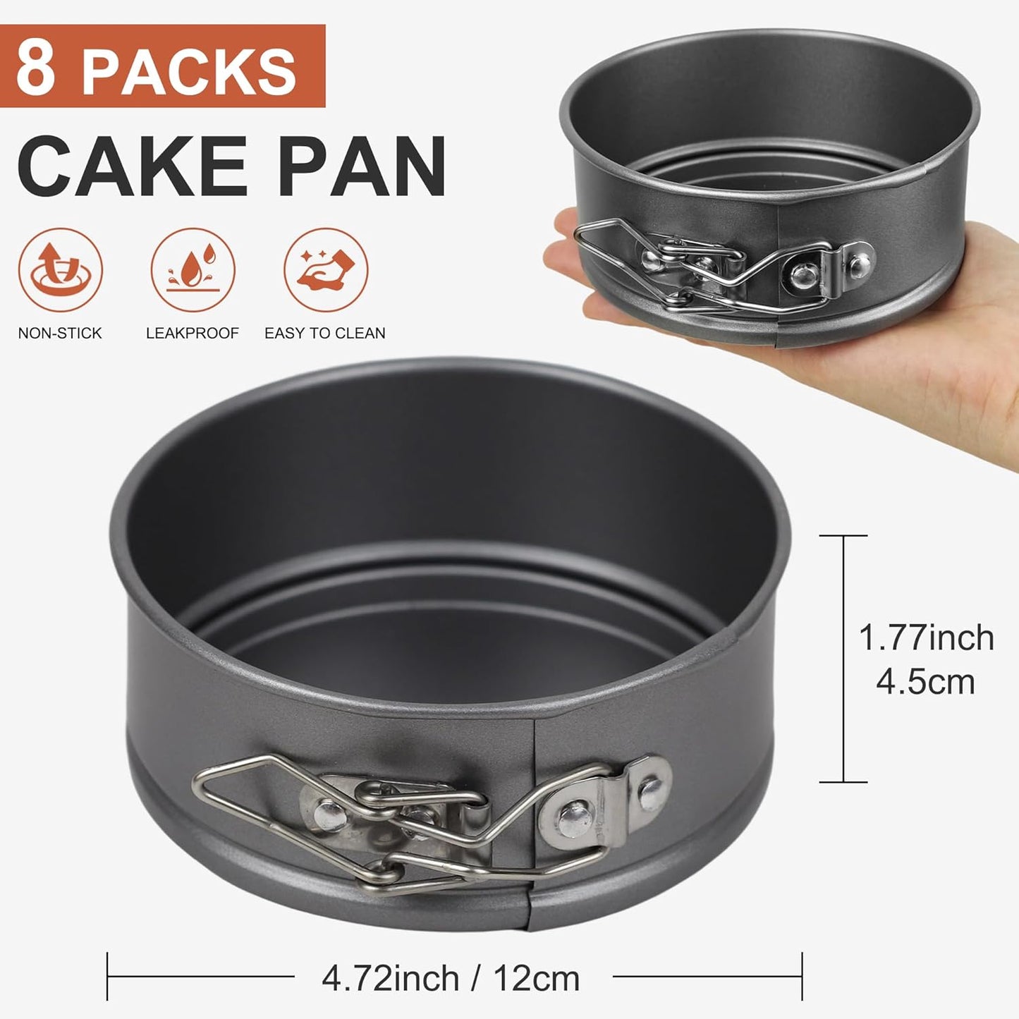 8 Pcs Mini Springform Cake Pans, 4.7 Inch Nonstick Round Cake Tin with Removable Bottom, Small Cheesecake Pans for Baking, Pizzas Quiches (Dark Grey)