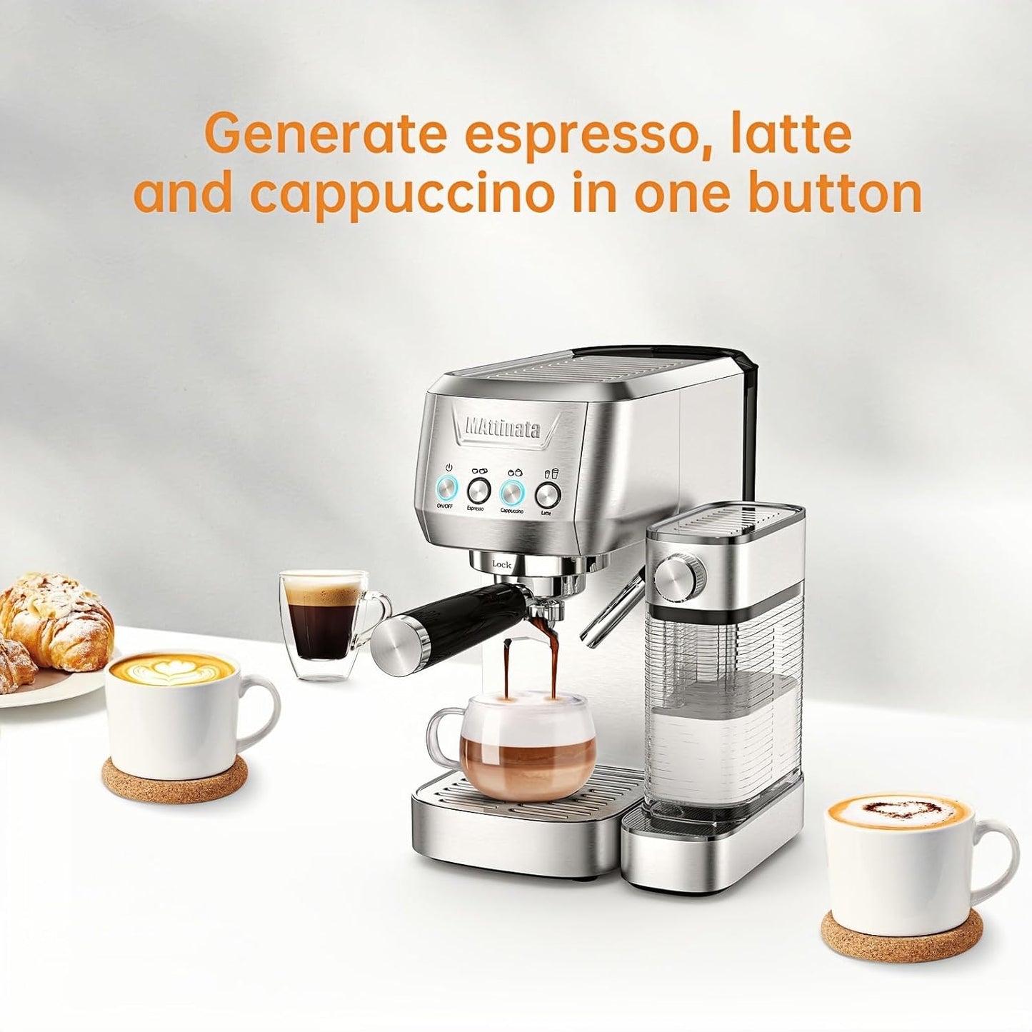 Cappuccino Machine 20 Bar, Professional Espresso Machines for Home and Office with Automatic Milk Frothering System, Barista Compact Latte Maker for Coffee Lovers, Stainless Steel-Mattino