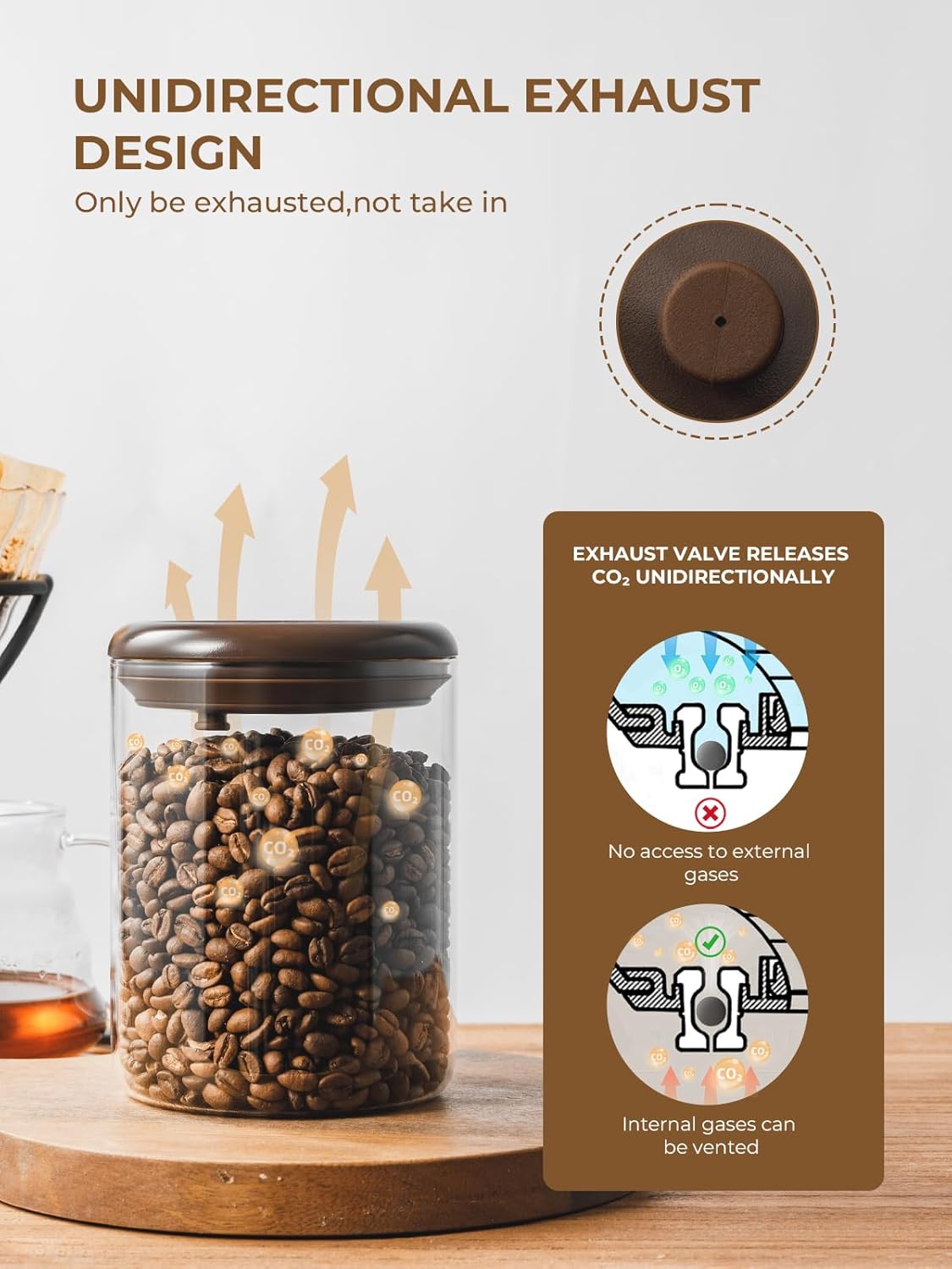 Glass Coffee Bean Jar 900 ml – Pop Top Air Tight Coffee Bean Container with CO2 Valve, 11 Oz Coffee Storage Airtight Canister, Brown