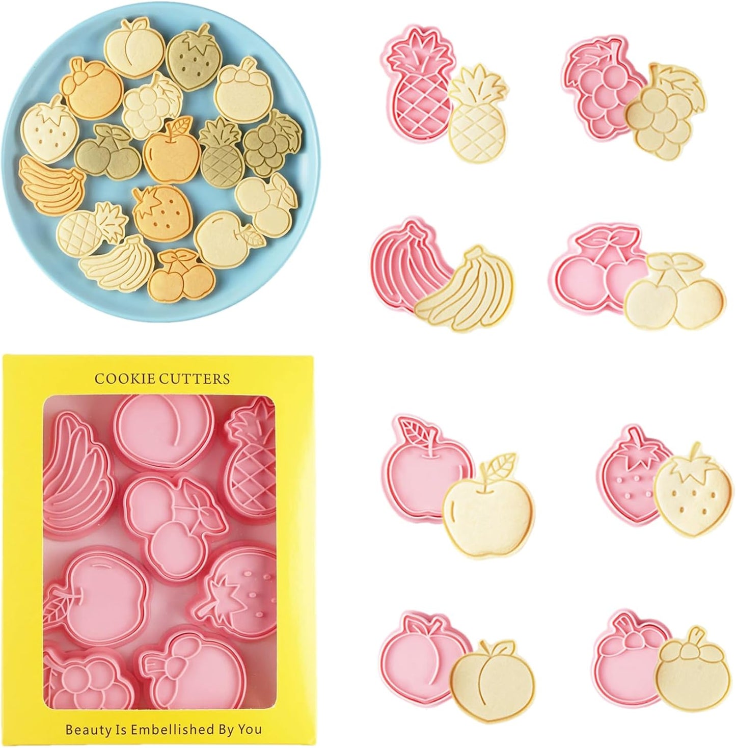 8Pcs Fruit Cookie Cutters Set 3D Plastic Biscuits Mold for Baking, DIY Cake Decor Grape, Banana, Strawberry, Apple Shape Cookie Molds for Party (I8)
