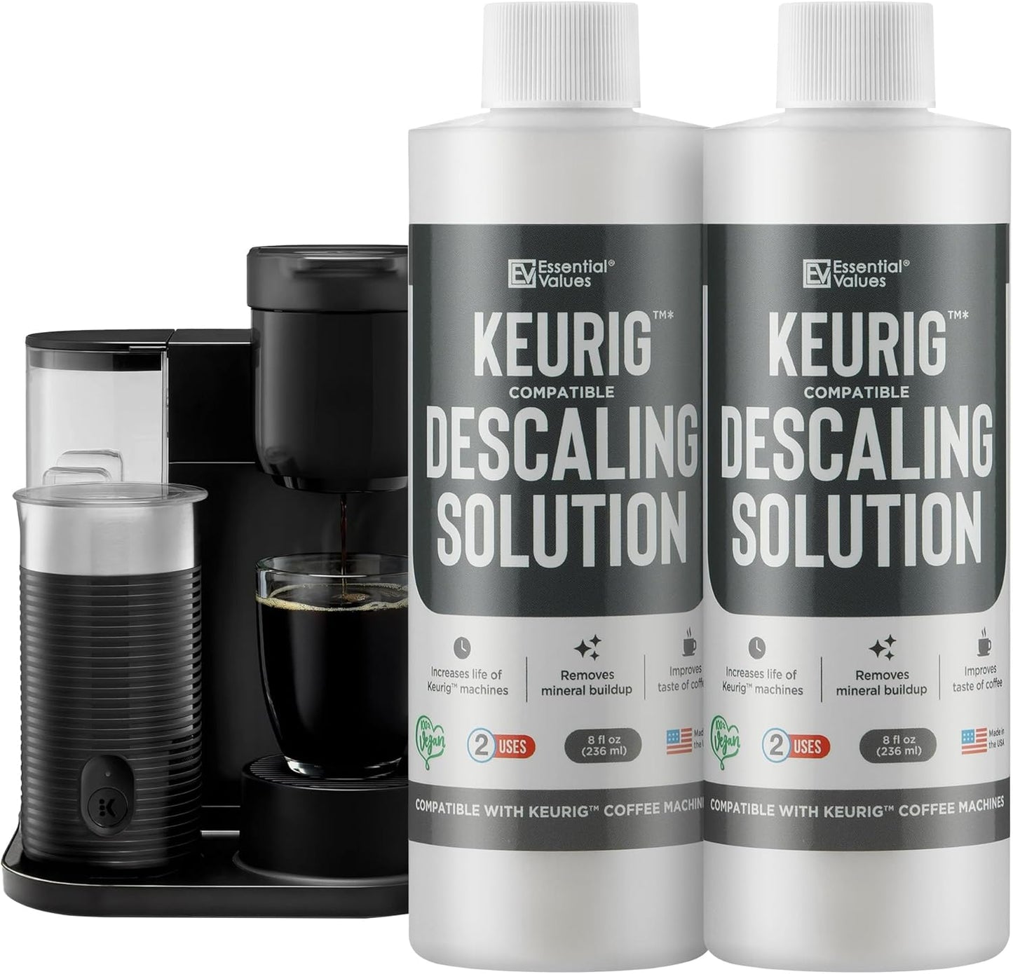 Essential Values Descaling Solution Compatible with Keurig - Coffee Descaler - Coffee Maker Cleaner - Kettle, Espresso Machine Cleaning - 12 Month Supply 2-Pack