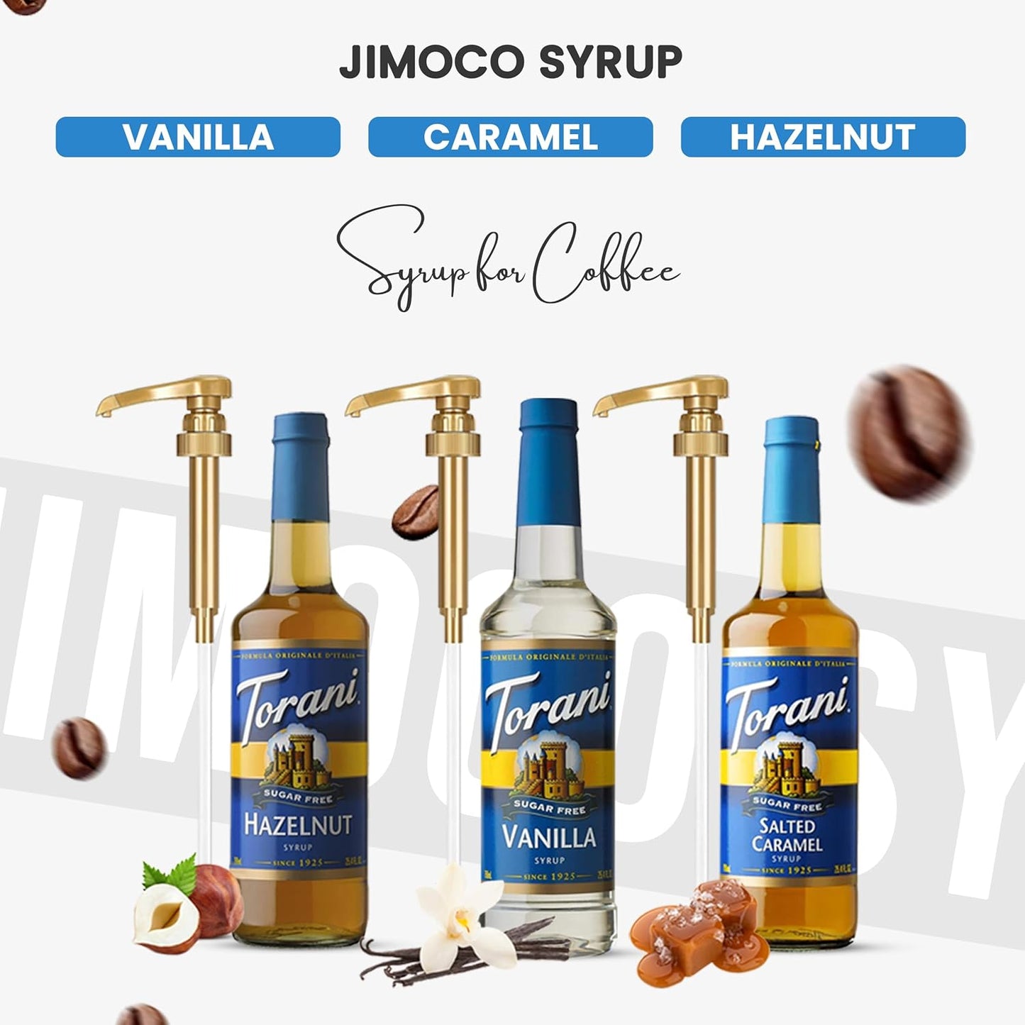 Coffee and Tea Syrup Variety Pack - Sugar Free Vanilla, Salted Caramel & Hazelnut Syrups for Coffee with 3 Jimoco Syrup Pump Dispenser Compatible with 25.4 Ounces
