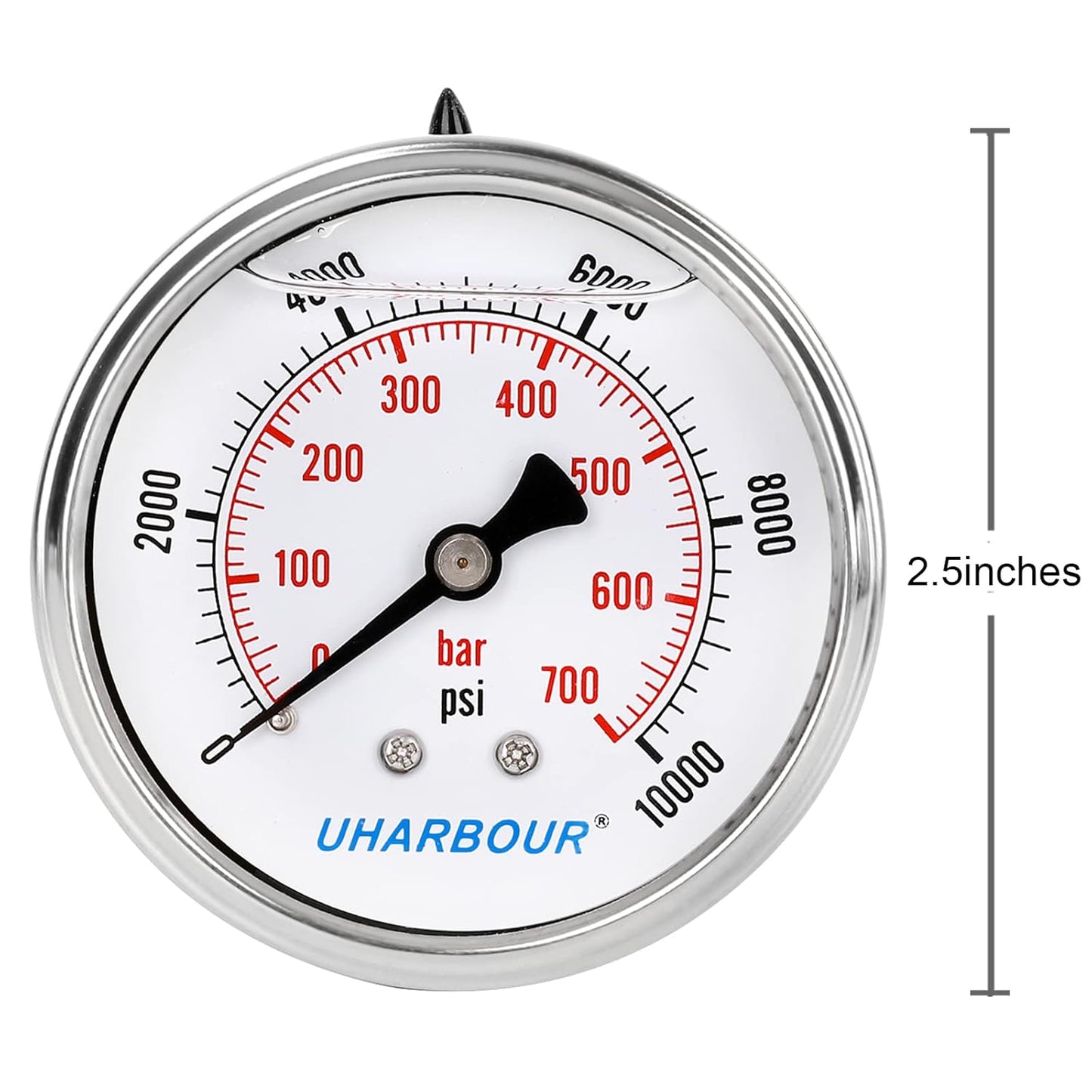 Glycerin Filled Pressure Gauge 10000psi/700bar, Stainless Steel case, Brass Inside Construction, 2-1/2" dial, 1/4" NPT Back Connection.…
