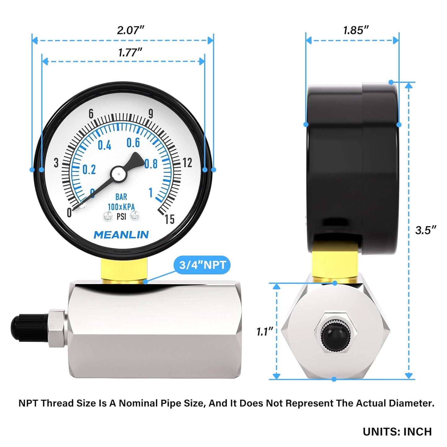 MEANLIN MEASURE 0-15Psi 2" Steel Double Graduated Air Test Pressure gauges, 3/4" FNPT Connection, -3-2-3% Accuracy