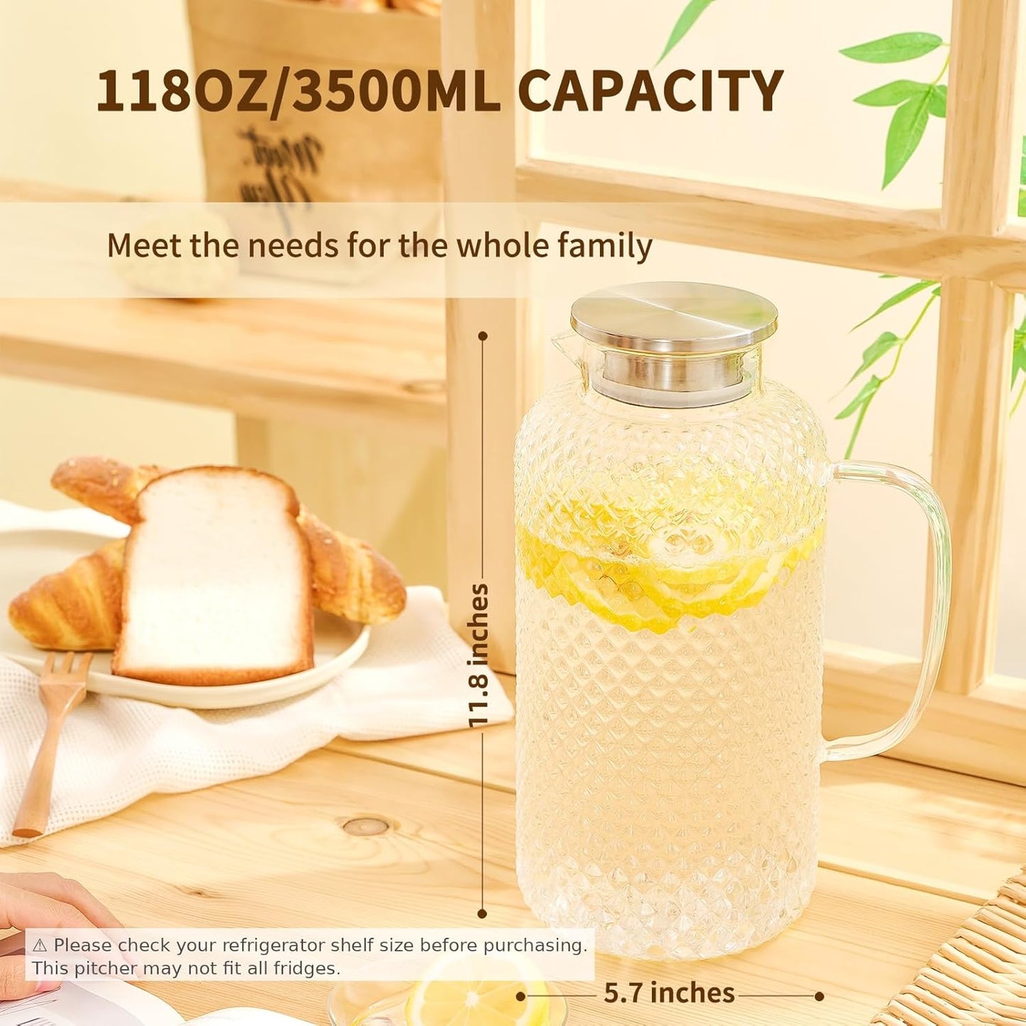 Glass Pitcher, 3.5L/118 oz Glass Water Pitcher with Lid and Spout, Heat/Cold Resistant Borosilicate Glass Water Carafe for Coffee, Juice and Homemade Beverage