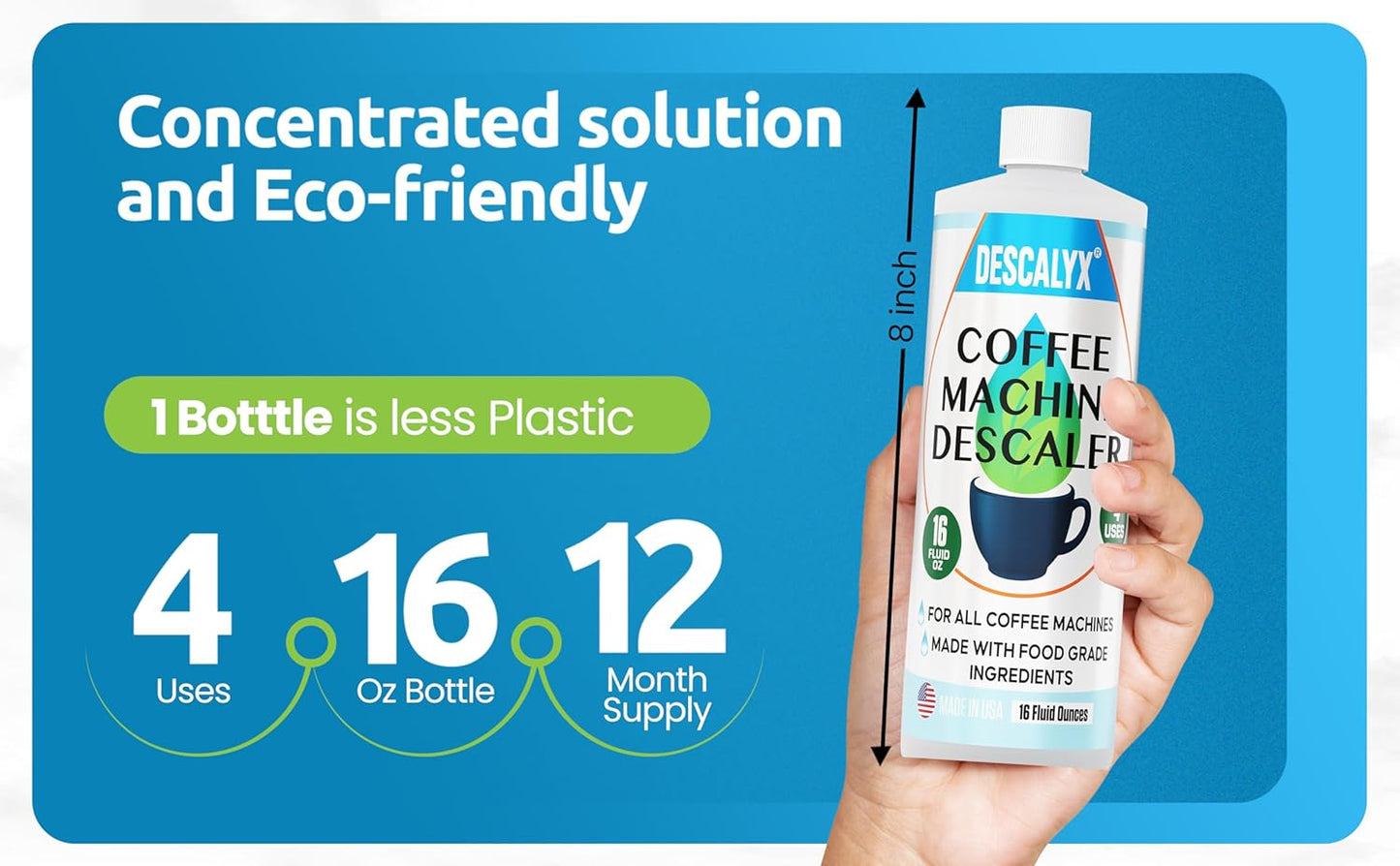 Coffee Machine Descaling Solution | 16 oz (4 uses) | Keurig Breville Nespresso Cuisinart | Coffee Machine Liquid Descaler Cleaner | Automatic Coffee Makers & Espresso Machines. Made in USA