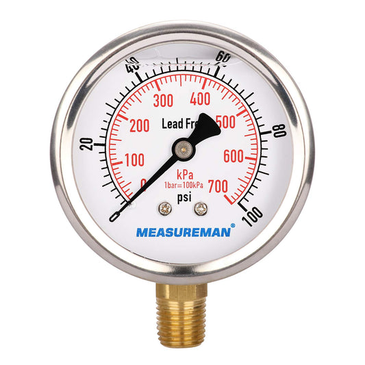 MEASUREMAN Lead-Free Pressure Gauge, 2-1/2inch Dial, Glycerin Filled, 0-100psi/kpa, Stainless Steel Case, 1/4inchNPT Lower Mount