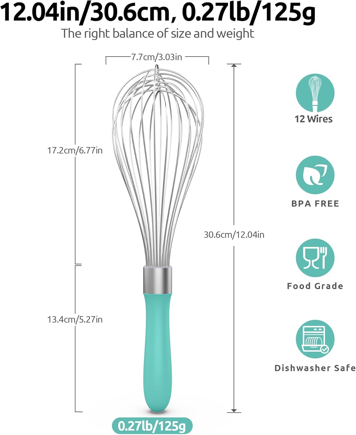 U-Taste Balloon Whisk for Cooking: 18/10 Stainless Steel Kitchen Wire Whisk, 12in Large Heavy Duty Egg Beater, Manual Mixing Tool with 12 High Flex Wires for Stirring, Blending Sauce (Aqua Sky)