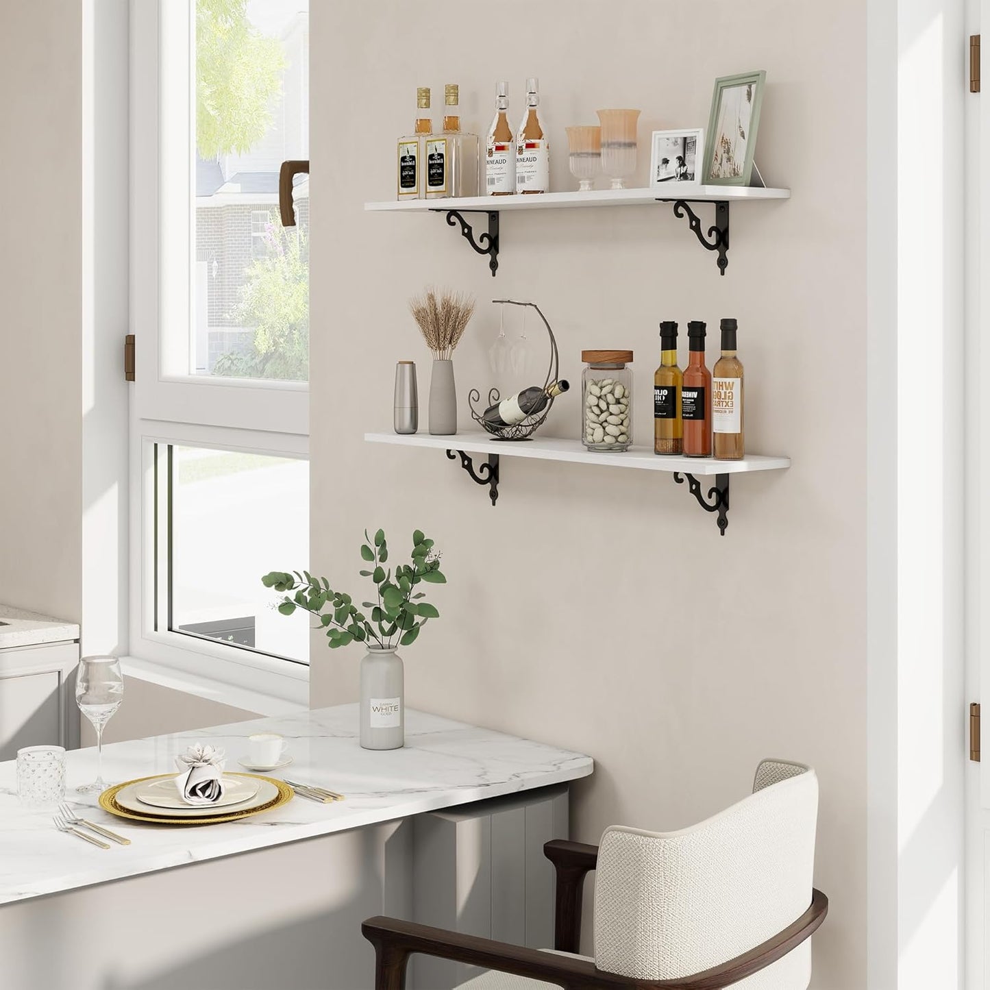 RICHFOCUS Floating Shelves for Wall Decor, 35.4W x 8D Wall Shelves Set of 2, 8 Inch Deep Rustic Wood Shelves Wall Mounted with Brackets, Long Floating Shelves for Living Room Bedroom Kitchen, White