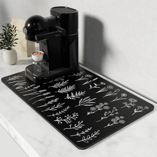 Rnivvi Coffee Mat, 12" x 19" Cute Coffee Bar Mats for Espresso Machine Station Accessories and Organizer, Hide Stain Rubber Backed Absorbent Dish Drying Pad for Kitchen Counter, Black White Leaves