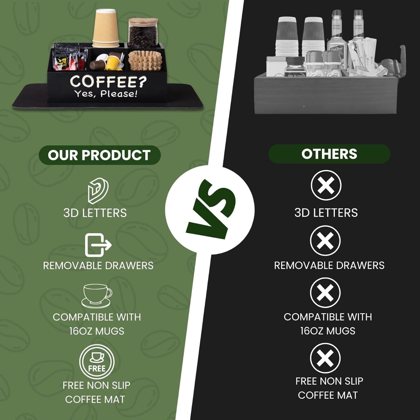 Coffee Bar Organizer for Countertop and Silicone Mat Included - Coffee Organizer Station with Removable Drawers - Tea Station for Countertop - Home Bar Accessories