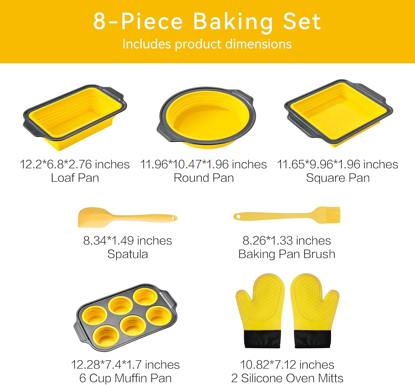 8 Piece Nonstick Baking Pans, Silicone Bakeware Set with Press to Release Design, Oven Mitts, Spatula & Brush Flexible, Stackable, BPA Free, Dishwasher & Oven Safe, Yellow