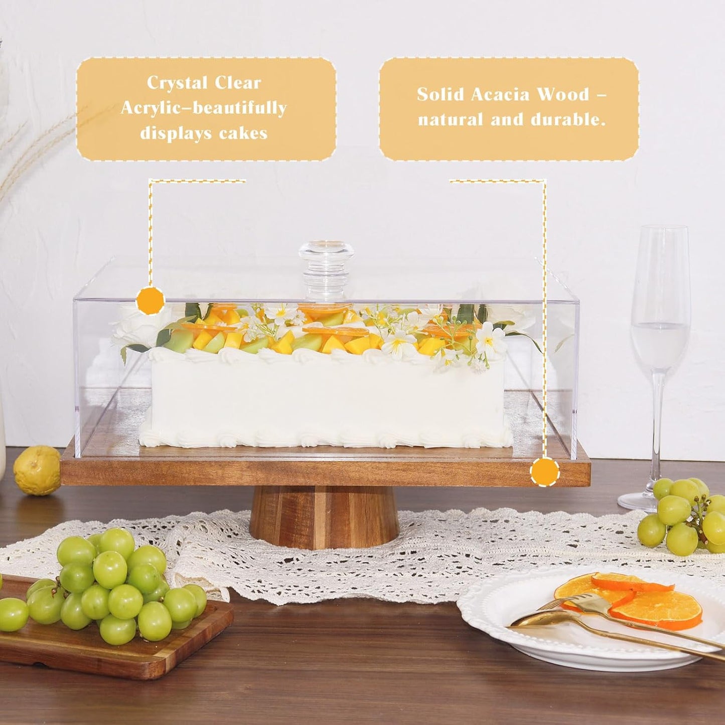 Acacia Wood Cake Stand with Lid - 17" Rectangular 2-in-1 Serving Board & Dessert Display, Shatterproof Acrylic Cake Dome Cover(5.1" high), Charcuterie Platter for Cheese, Fruit, Appetizers (17 inch)