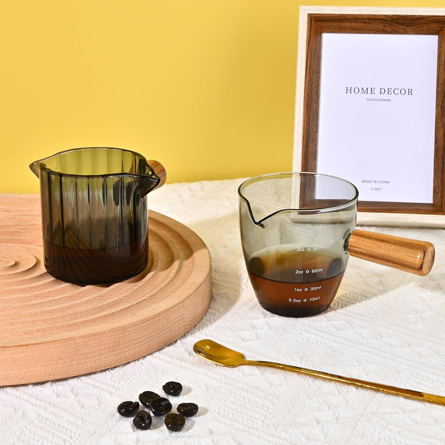 Glass Measuring Cup, 3oz Espresso Shot Glass with Wood Handle, Double Spouts Measuring Cups Pitcher Milk Cup Coffee Shot Glasses (Gray Ribbed)